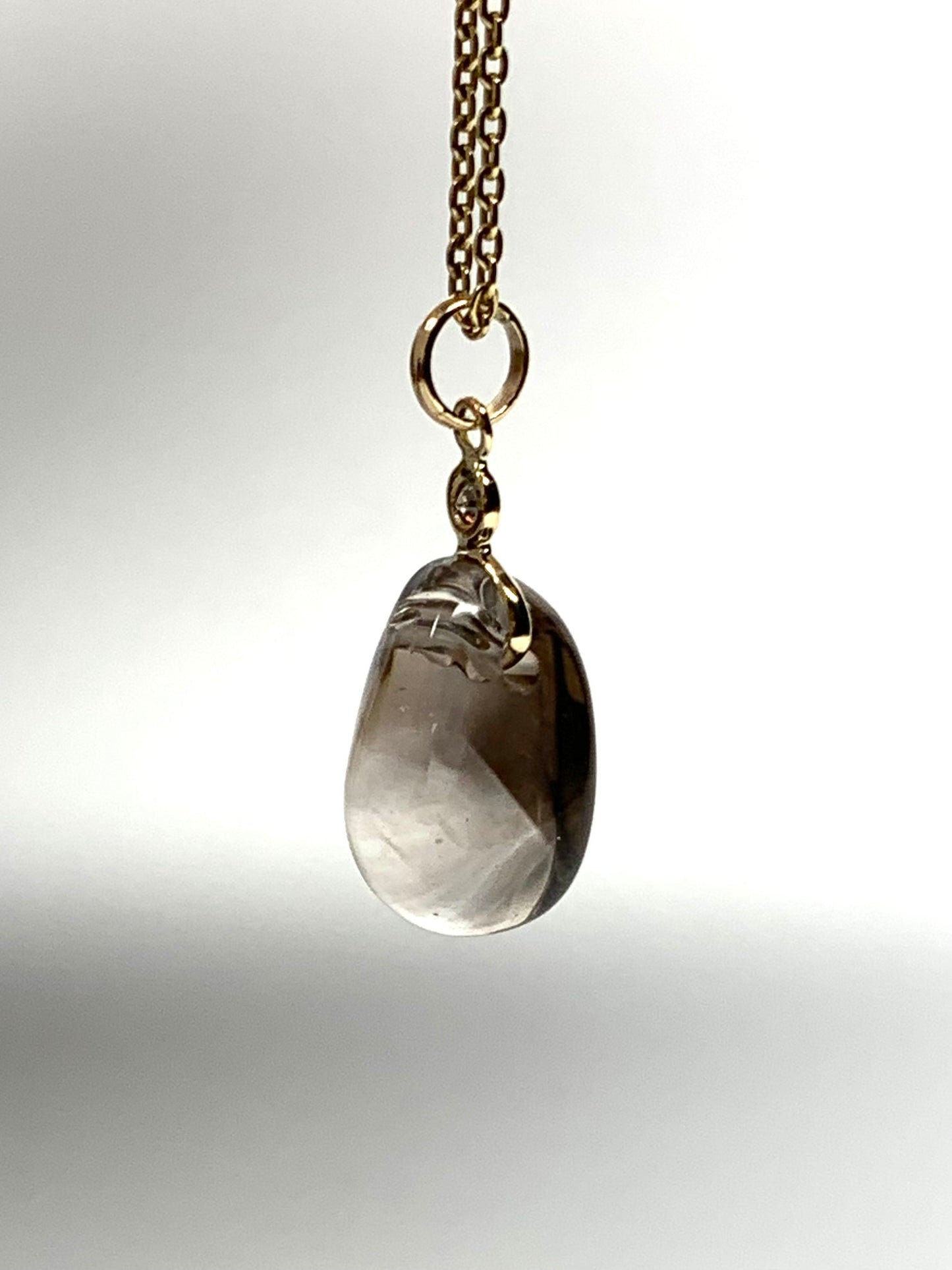 14k Solid Yellow Gold, Diamond, Smoky Quartz Tumbled Nugget Bead Pendant, Mini Size