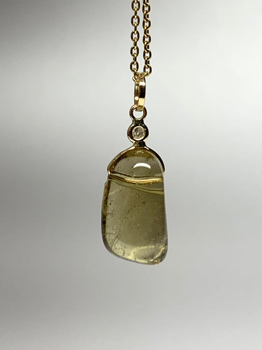 14k Solid Yellow Gold, Diamond, Lemon Quartz Tumbled Nugget Bead Pendant, Mini Size
