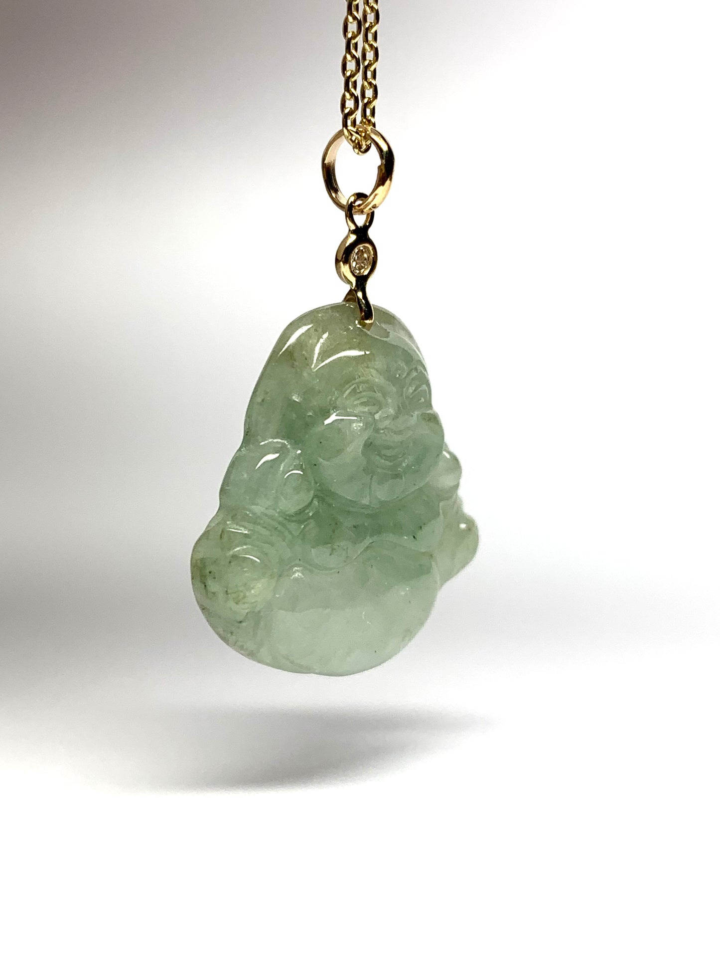 14K Solid Yellow Gold, Diamond, Pale Green Jade “Buddha” Pendant