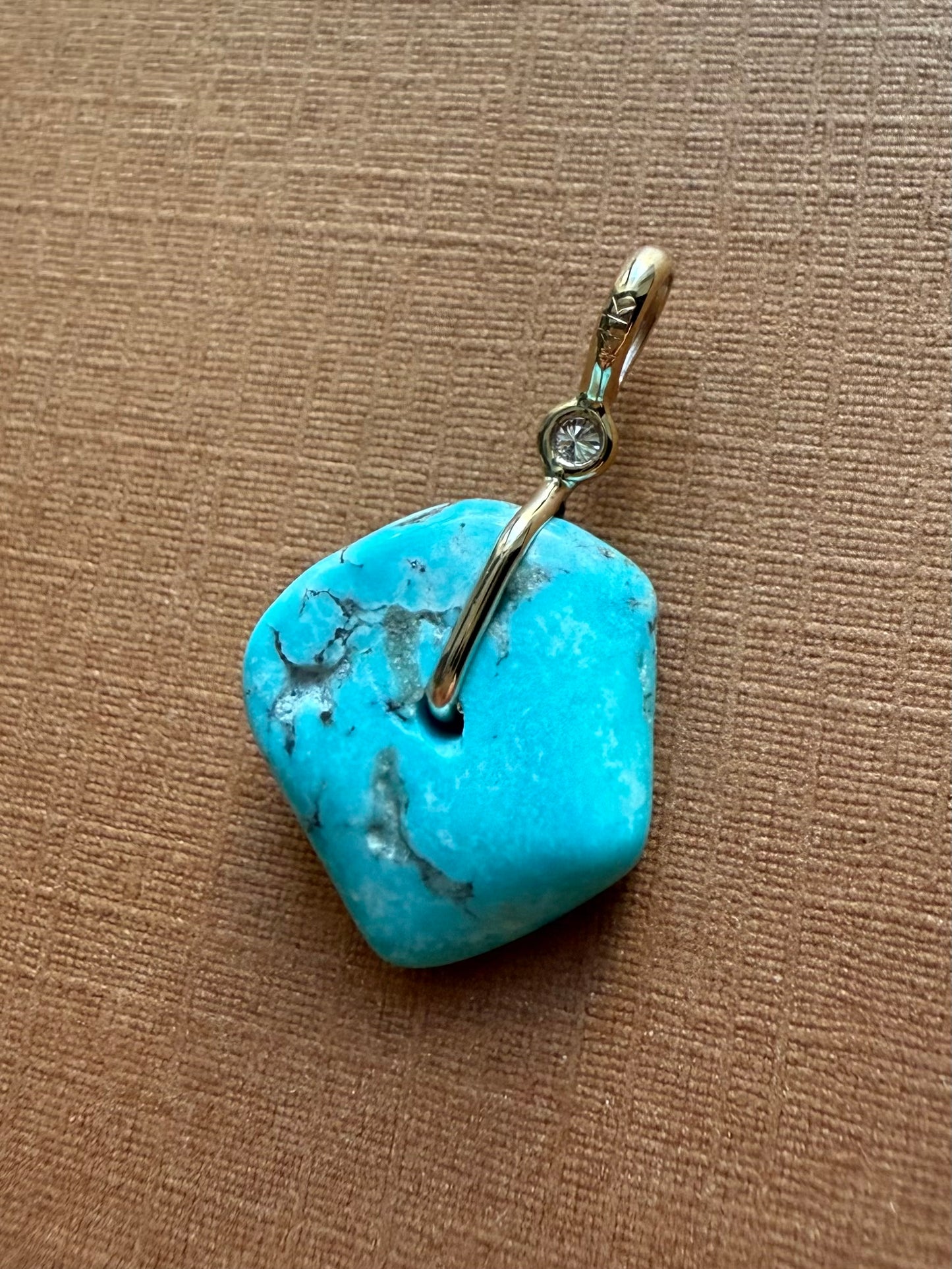 14K Solid Yellow Gold, White Diamond, Blue Turquoise “Donut” Mini Pendant