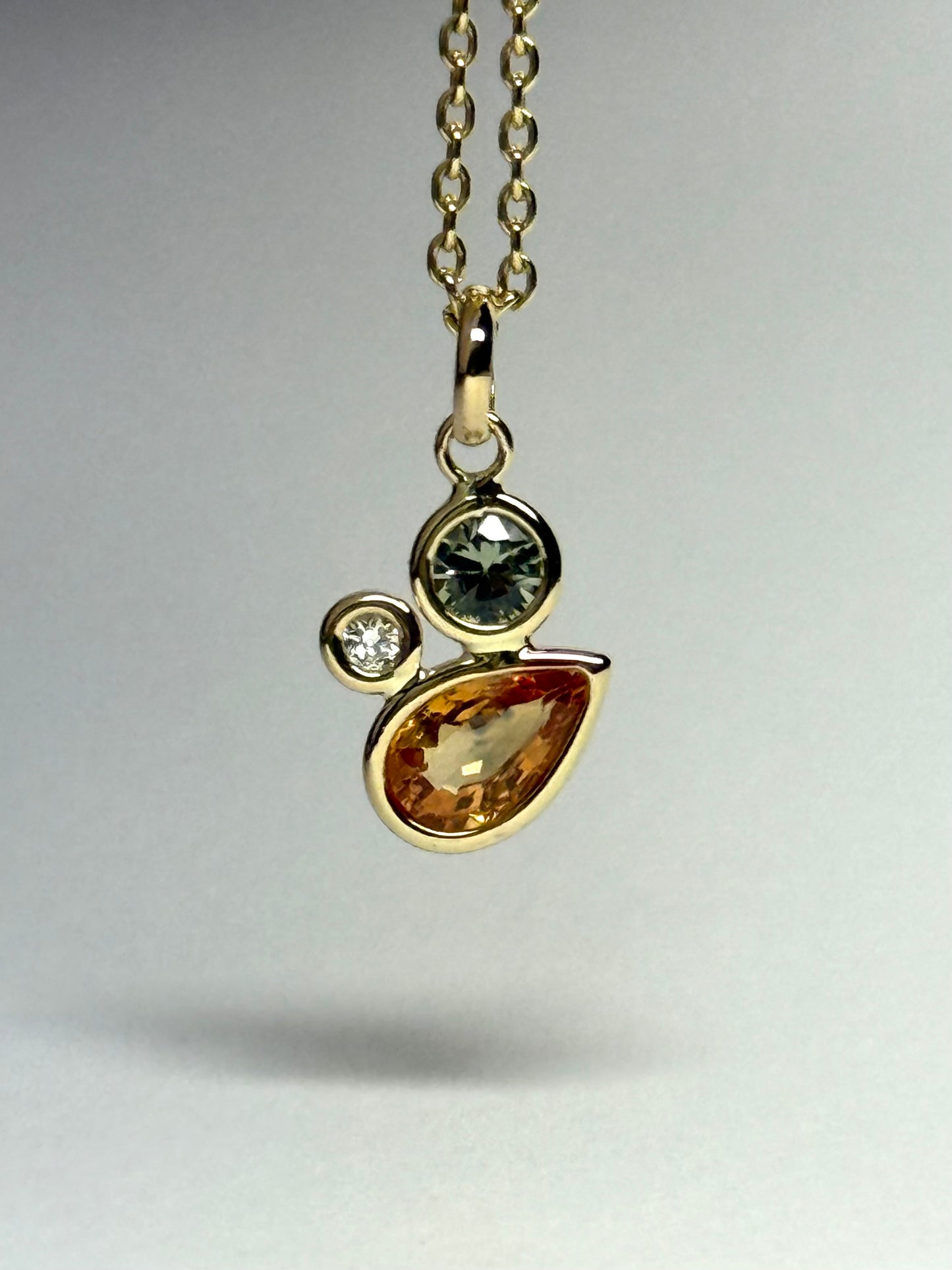 14K Solid Yellow Gold, Diamond, Multi Color Sapphires Cluster Pendant, Tiny Size