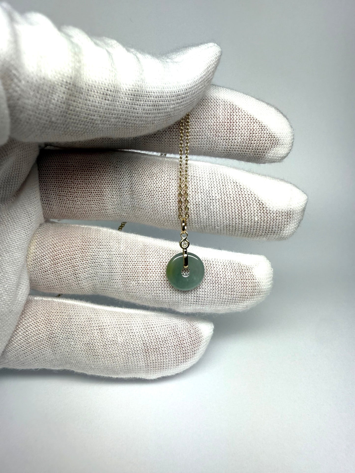 14k Solid Yellow Gold, White Diamond, Pale Green Jade “Donut” Pendant, Tiny Size