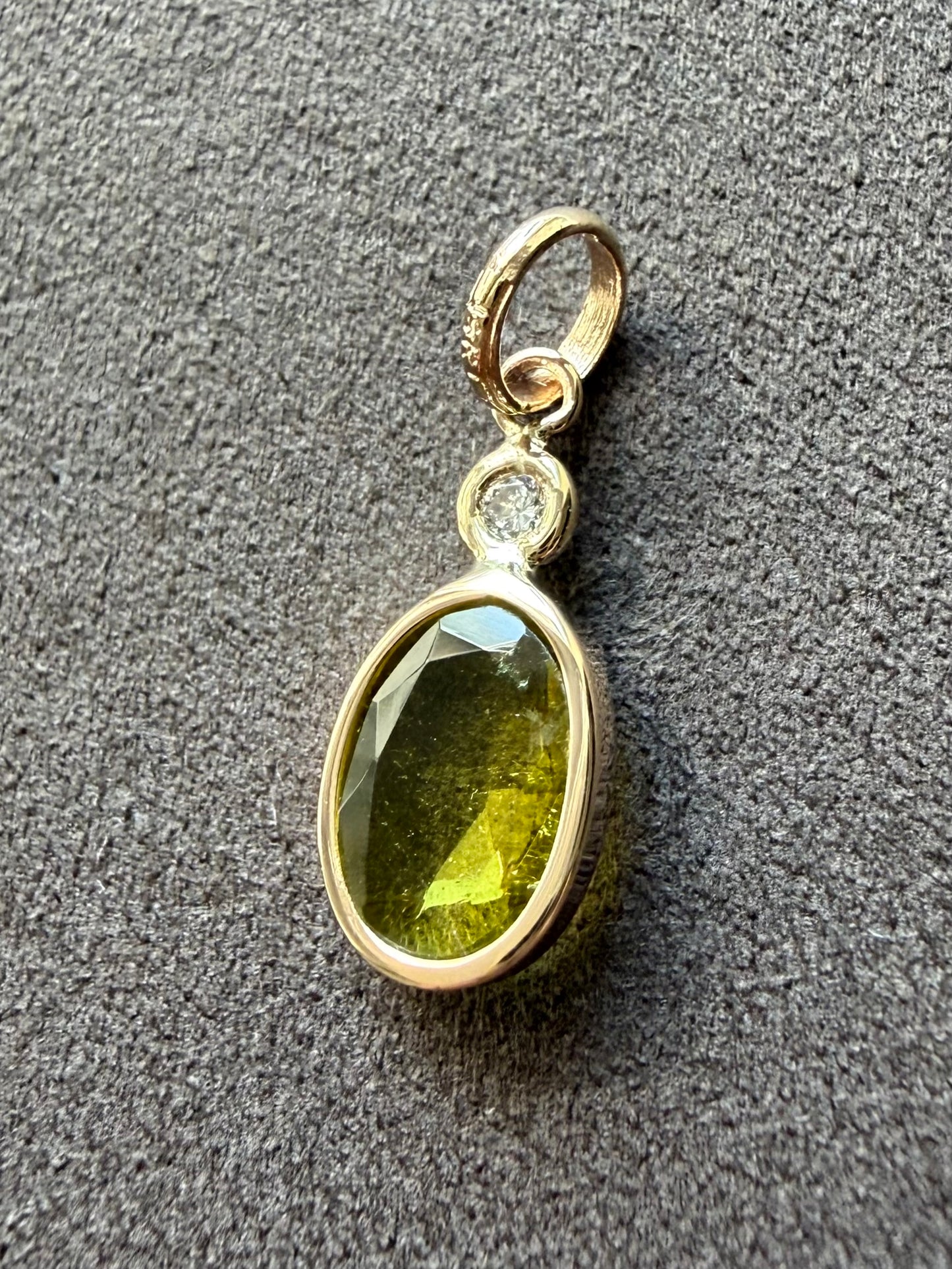 14k Solid Yellow Gold, Natural White Diamond, Natural Olive Green Tourmaline Tiny Pendant
