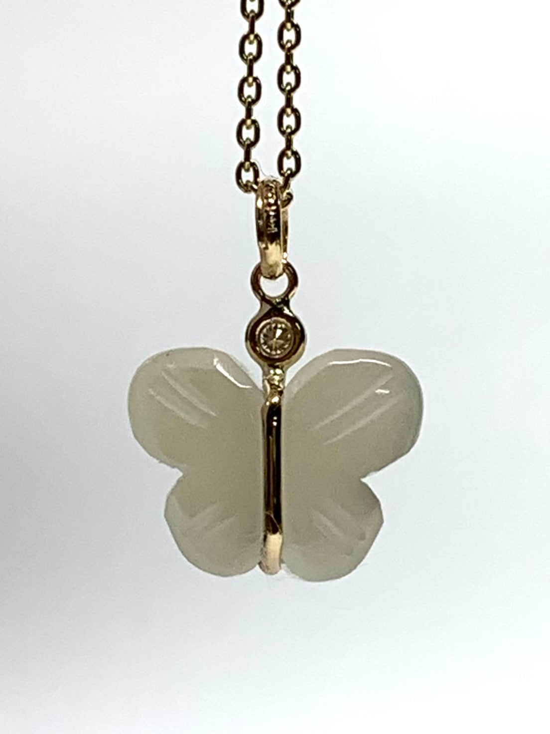 14k Solid Yellow Gold, Diamond, White Moonstone “Butterfly” Mini Pendant, Hand Carved