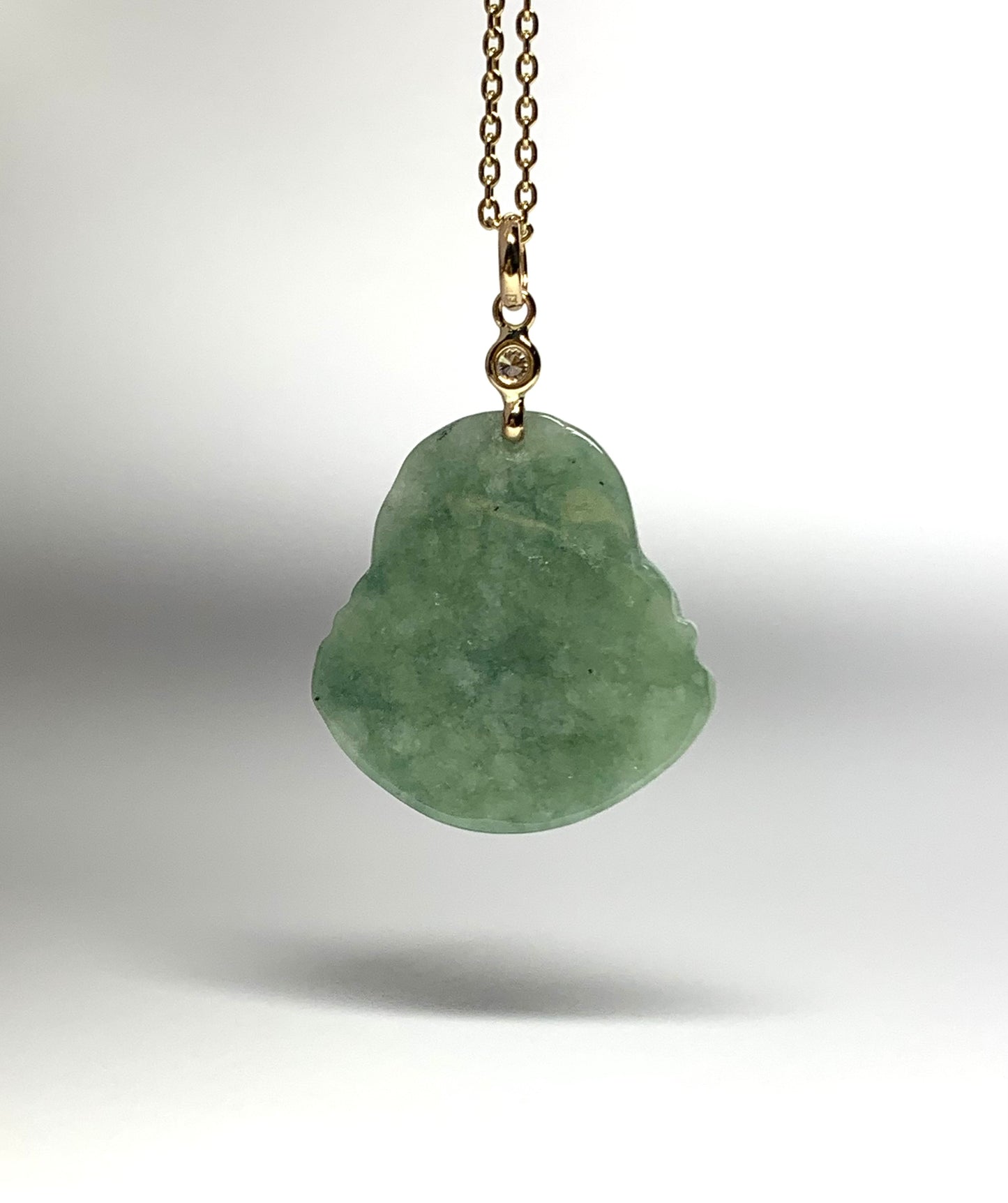 14K Solid Yellow Gold, Diamond, Pale Green Jade “Buddha” Pendant