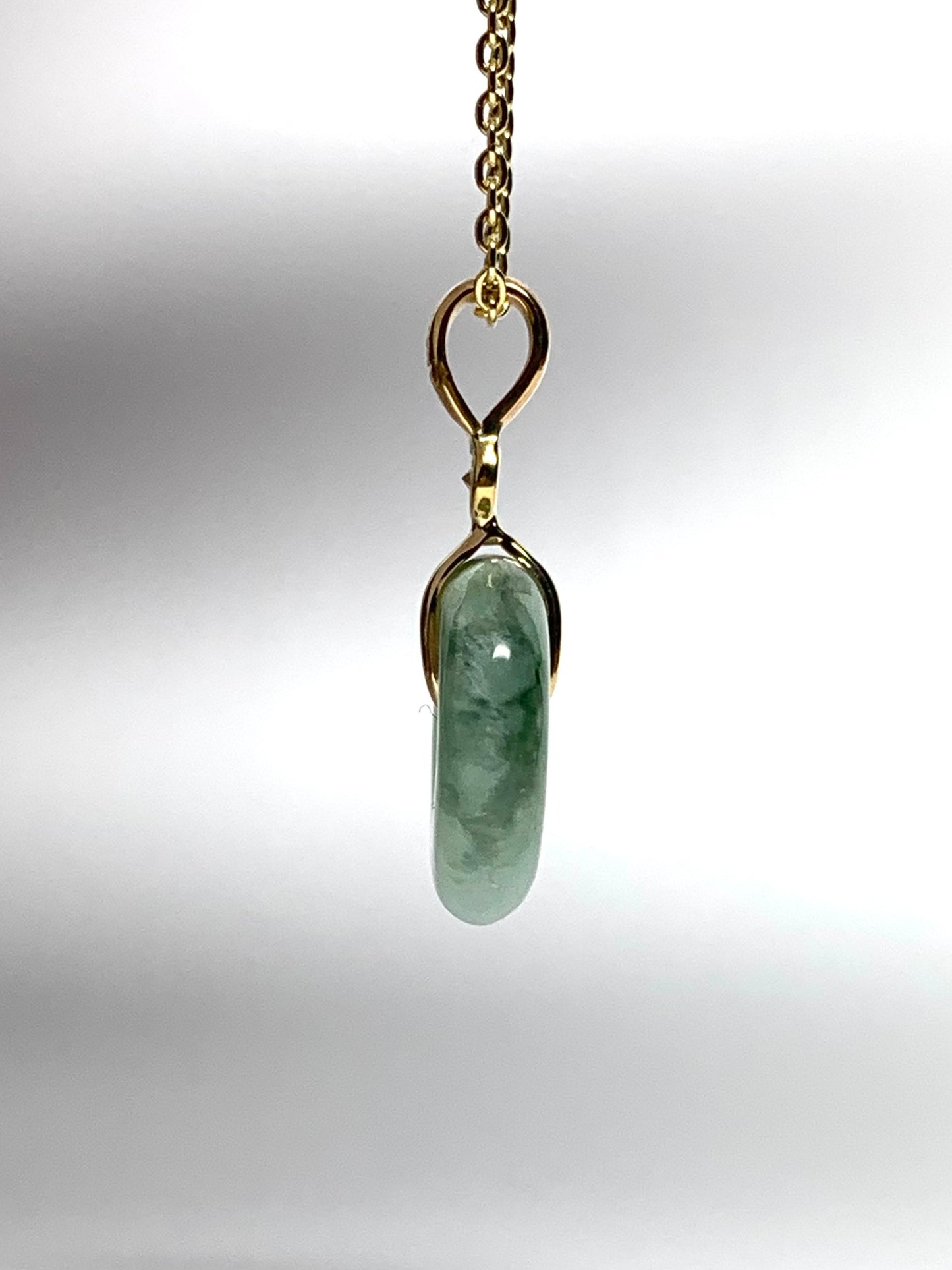 14k Solid Yellow Gold, White Diamond, Pale Green Jade “Donut” Pendant, Mini Size