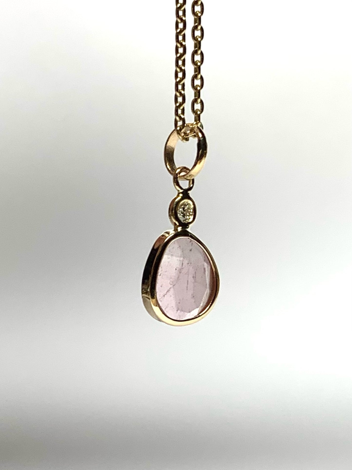 14k Solid Yellow Gold, Natural White Diamond, Natural Pink Tourmaline Tiny Pendant