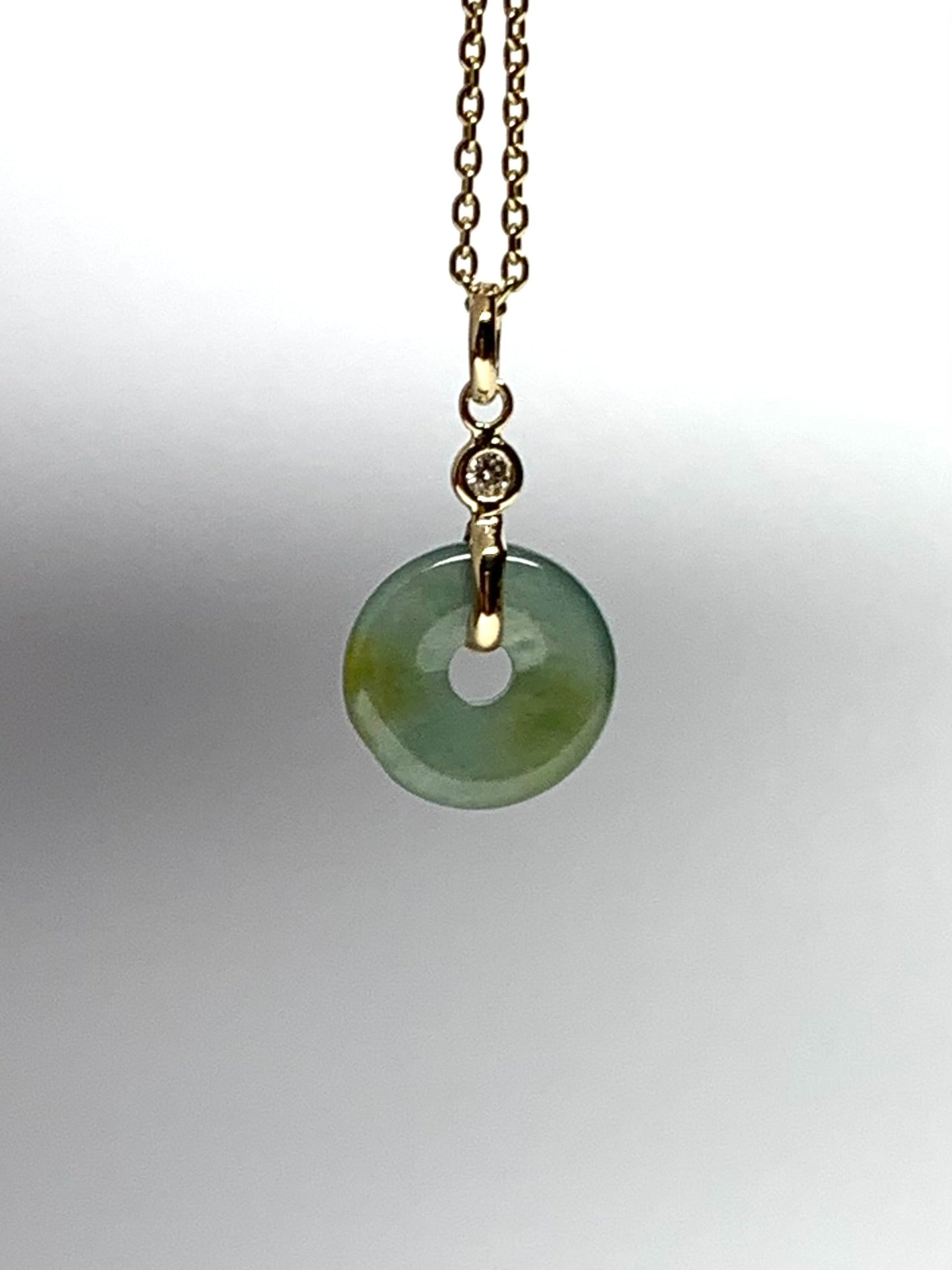 14k Solid Yellow Gold, White Diamond, Pale Green Jade “Donut” Pendant, Tiny Size