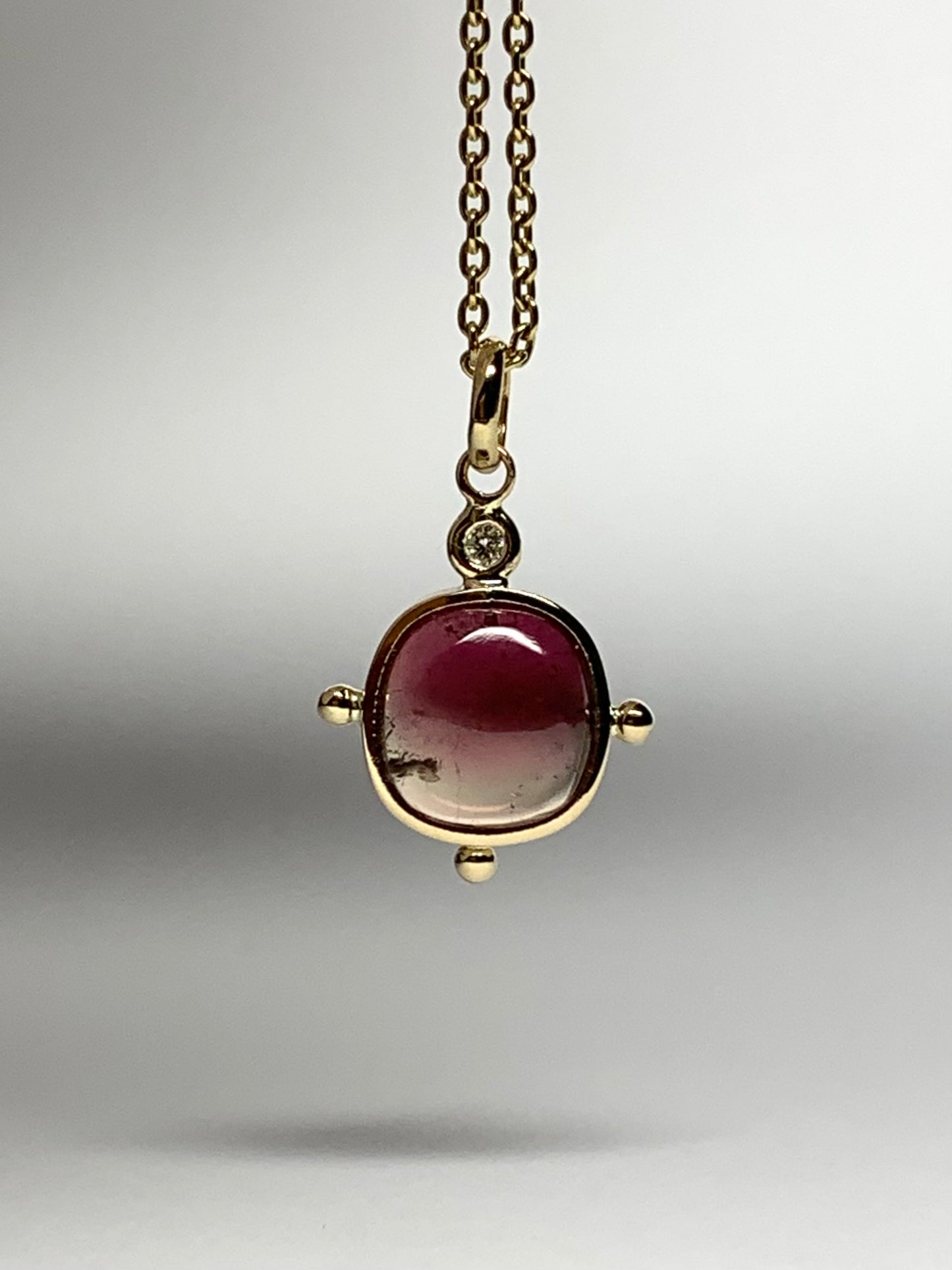14k Solid Yellow Gold, Natural White Diamond, Natural Pink Tourmaline Mini Pendant