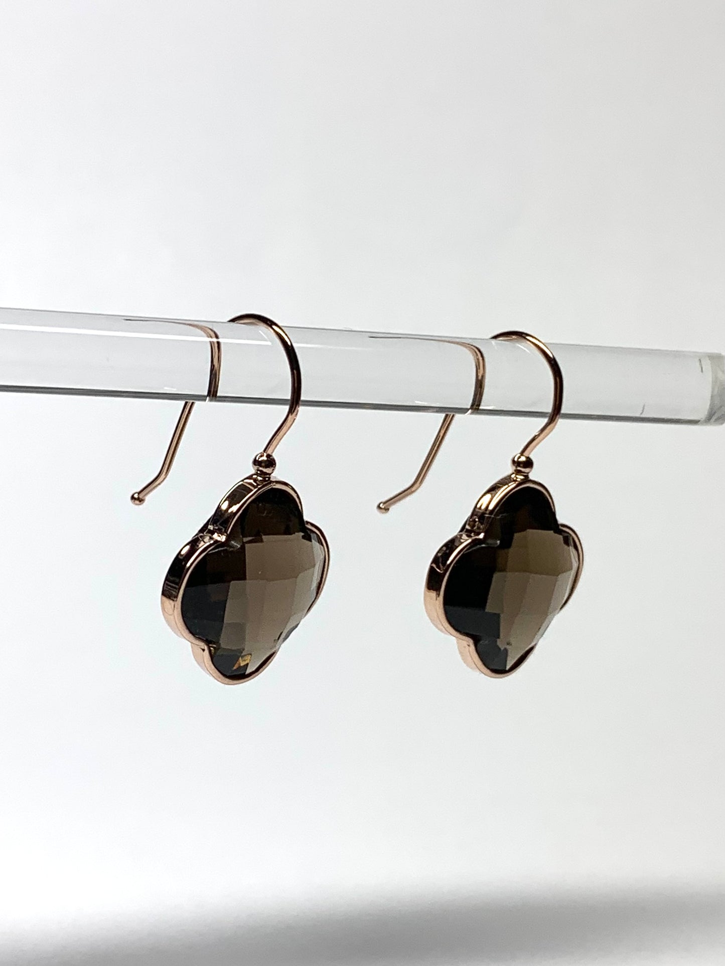 14k Solid Rose Gold Smoky Quartz “Clover” Earrings, Checkerboard Cut, Fish Hook Ear Wires
