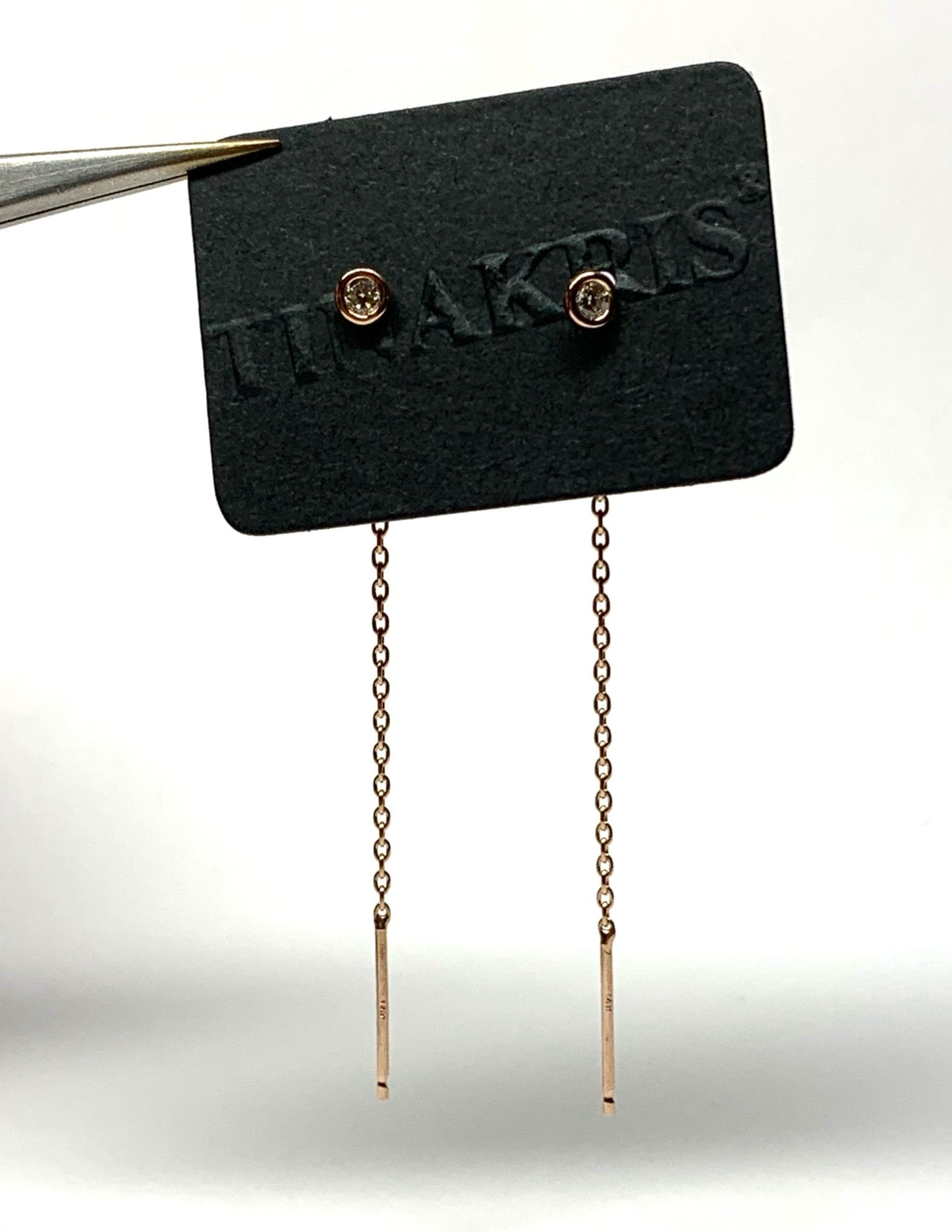 14K Solid Rose Gold, White Diamond Thread Earrings