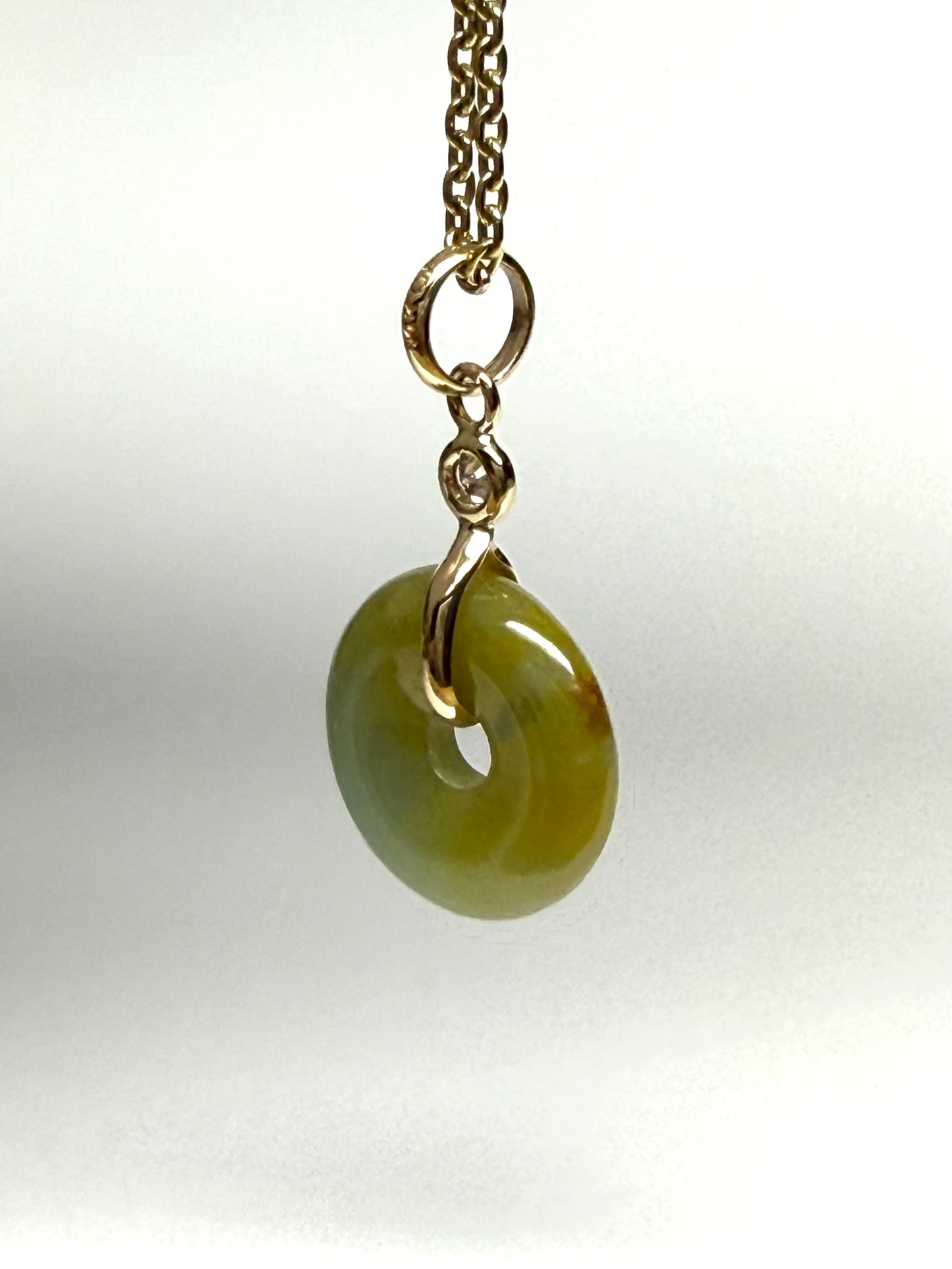 14k Solid Yellow Gold, White Diamond, Pale Green Jade “Donut” Pendant, Tiny Size
