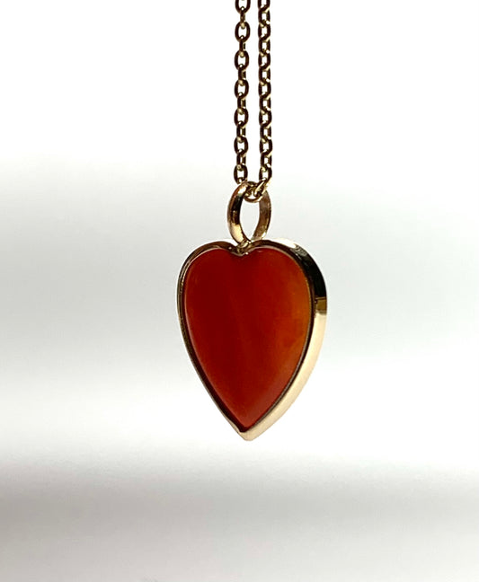 14K Solid Yellow Gold, Red Carnelian "Heart" Pendant, Mini Size