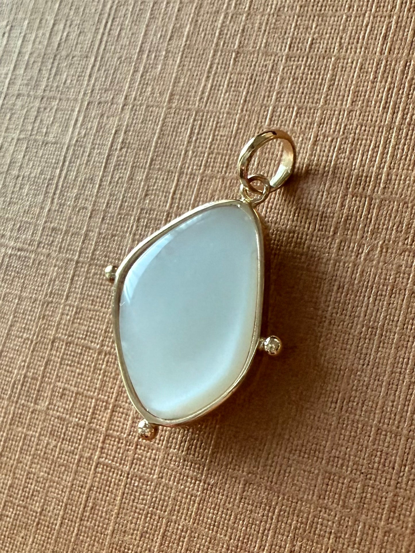 14k Solid Yellow Gold, White Moonstone Flat Cabochon Pendant, With Golden Dots