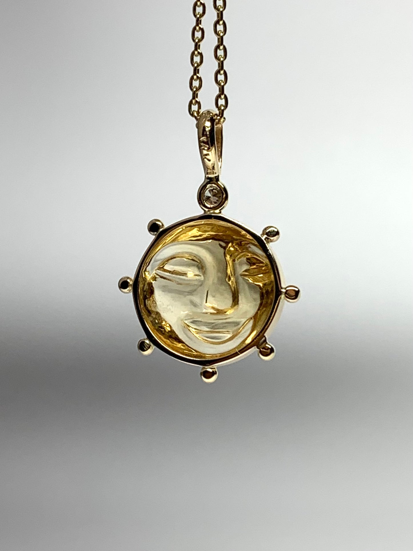 14k Solid Yellow Gold, White Diamond, Yellow Citrine “Sun” Pendant, Small Size