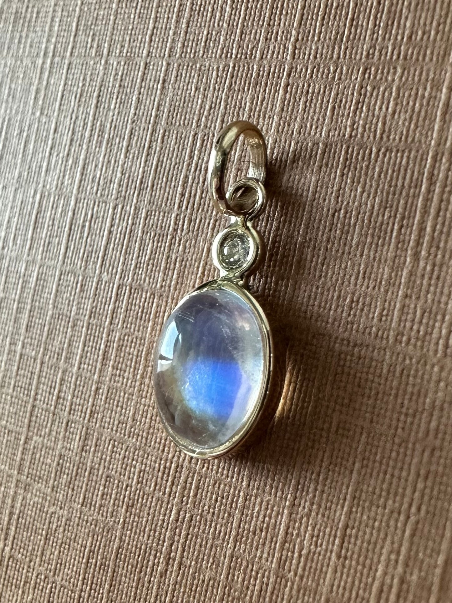 Tiny 14k Solid Yellow Gold, Diamond, Oval Blue Rainbow Moonstone Mini Pendant