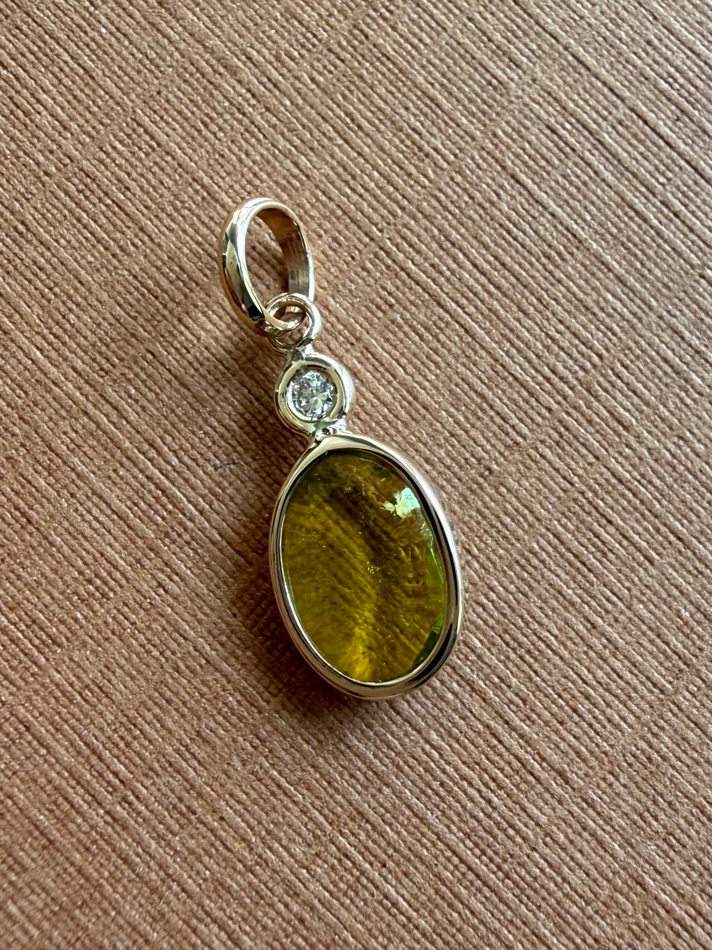 14k Solid Yellow Gold, Natural White Diamond, Natural Olive Green Tourmaline Tiny Pendant