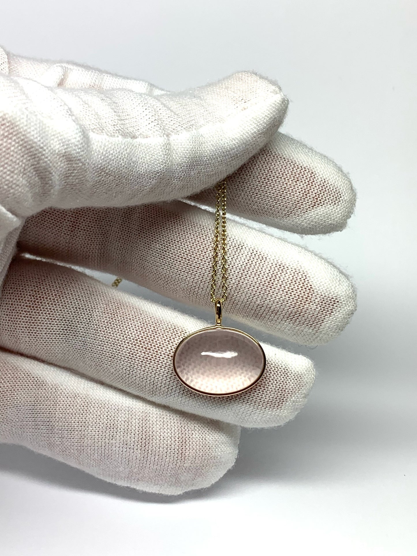 14k Solid Yellow Gold, Rose Pink Quartz Oval Cabochon Pendant, Small Size