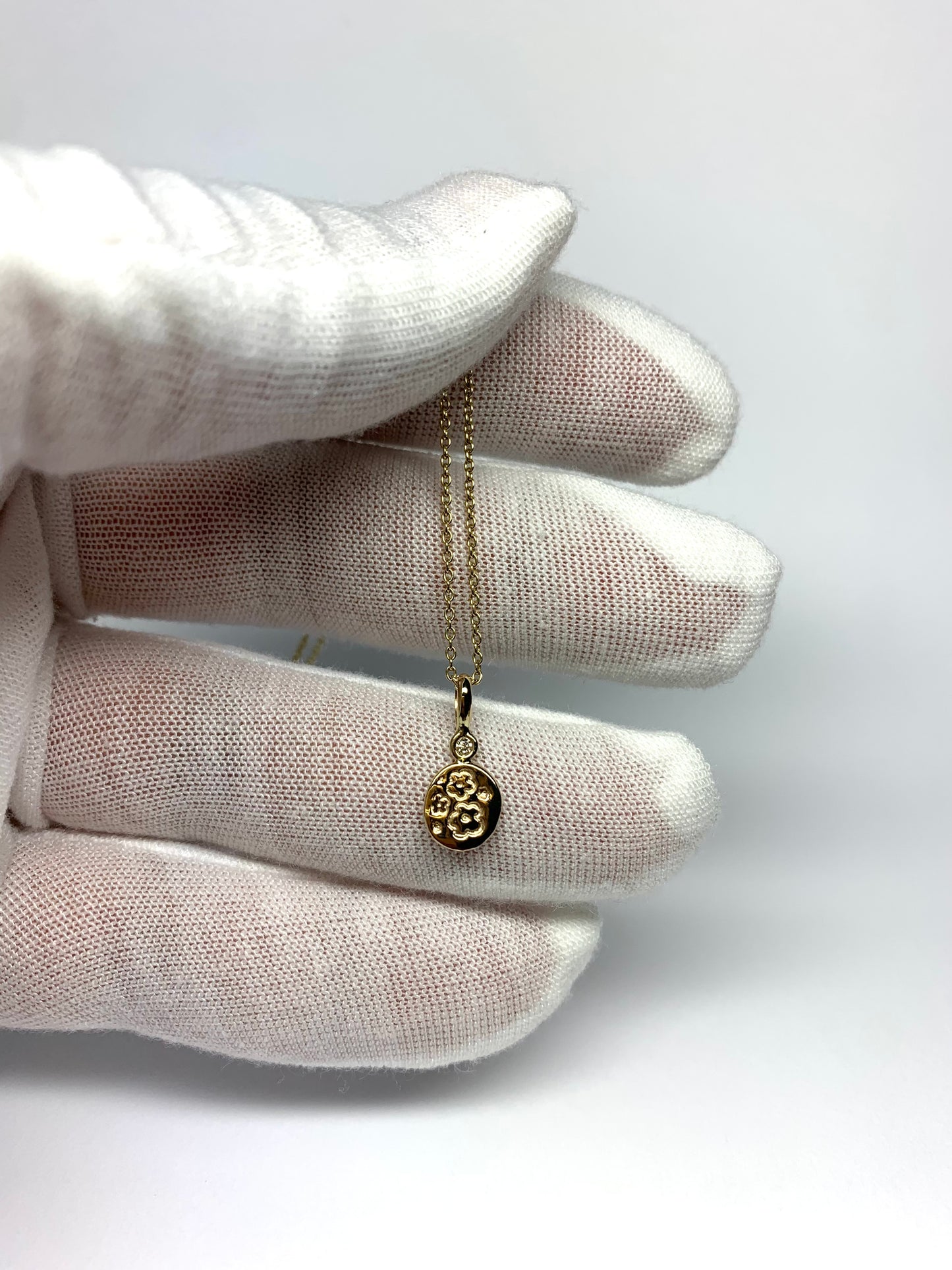 14K Solid Yellow Gold Nugget “Flowers” Mini Pendant, White Diamond, Tiny Charm