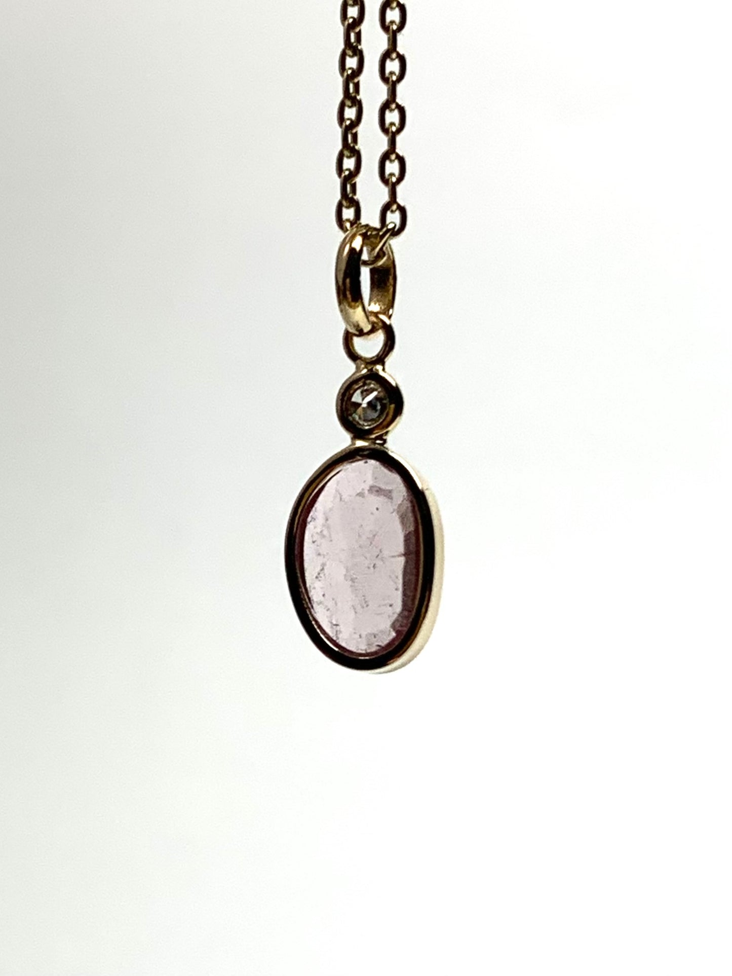 14k Solid Yellow Gold, White Diamond, Pink Tourmaline Tiny Pendant