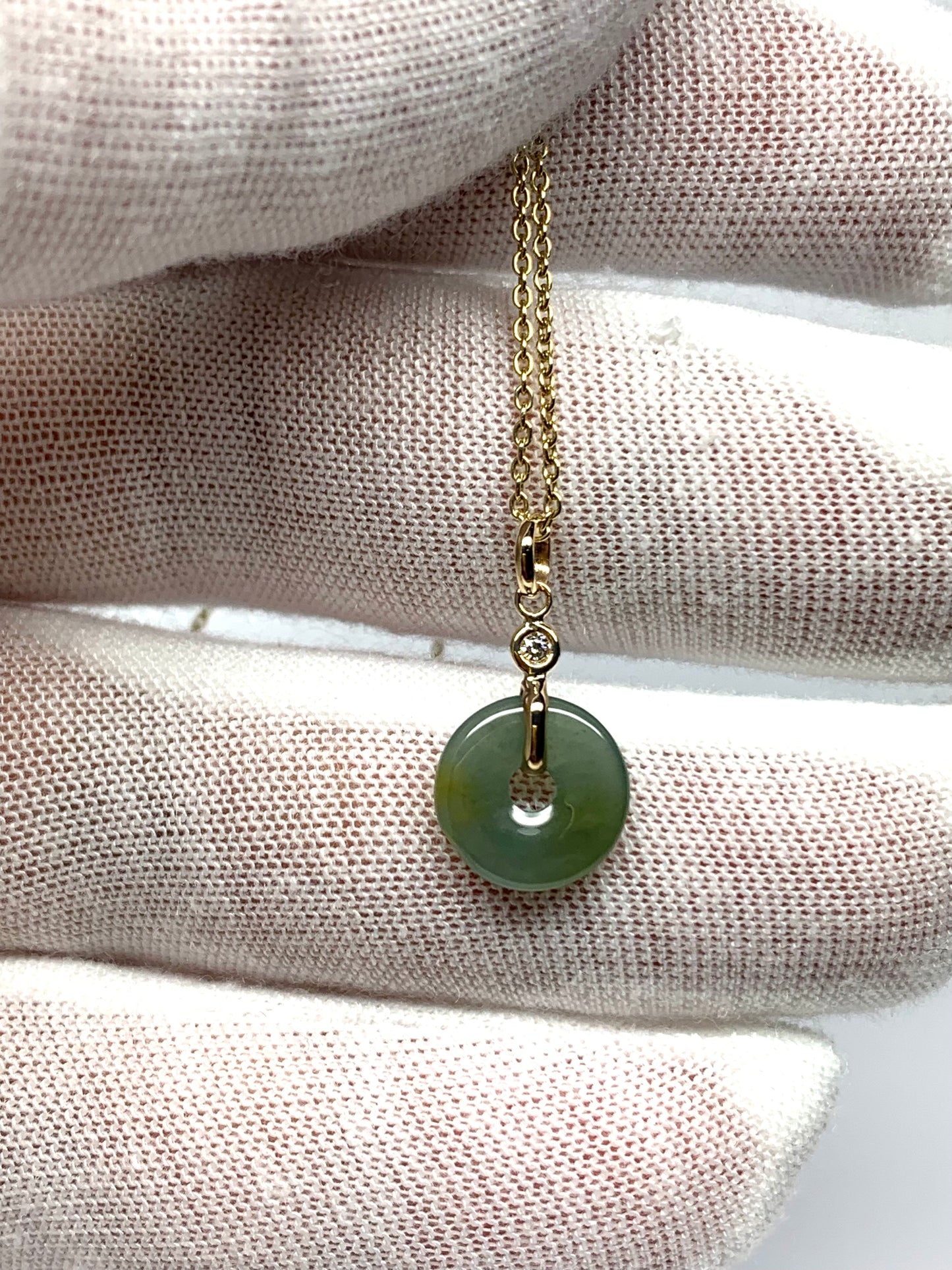 14k Solid Yellow Gold, White Diamond, Pale Green Jade “Donut” Pendant, Tiny Size