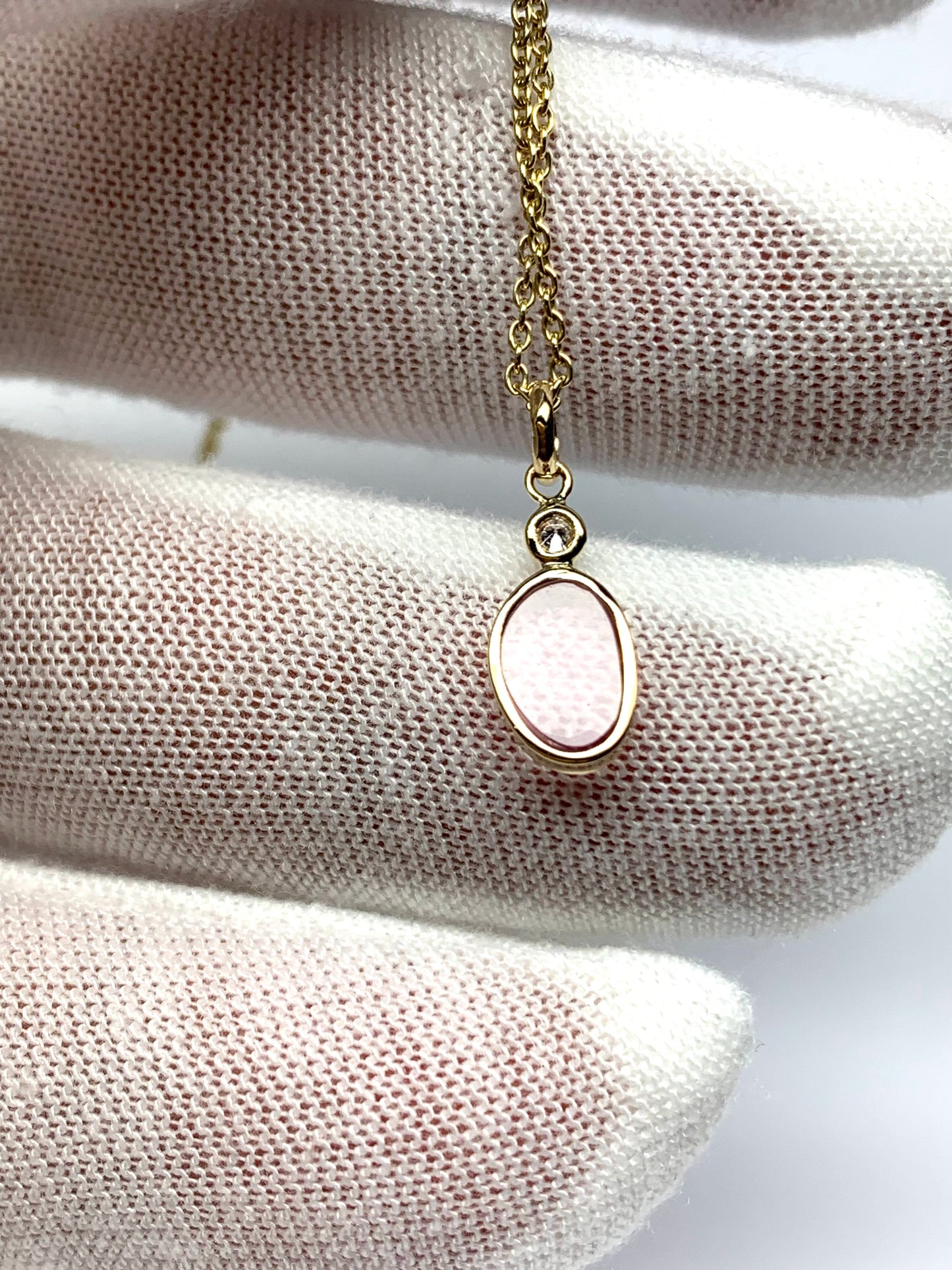 14k Solid Yellow Gold, White Diamond, Pink Tourmaline Tiny Pendant
