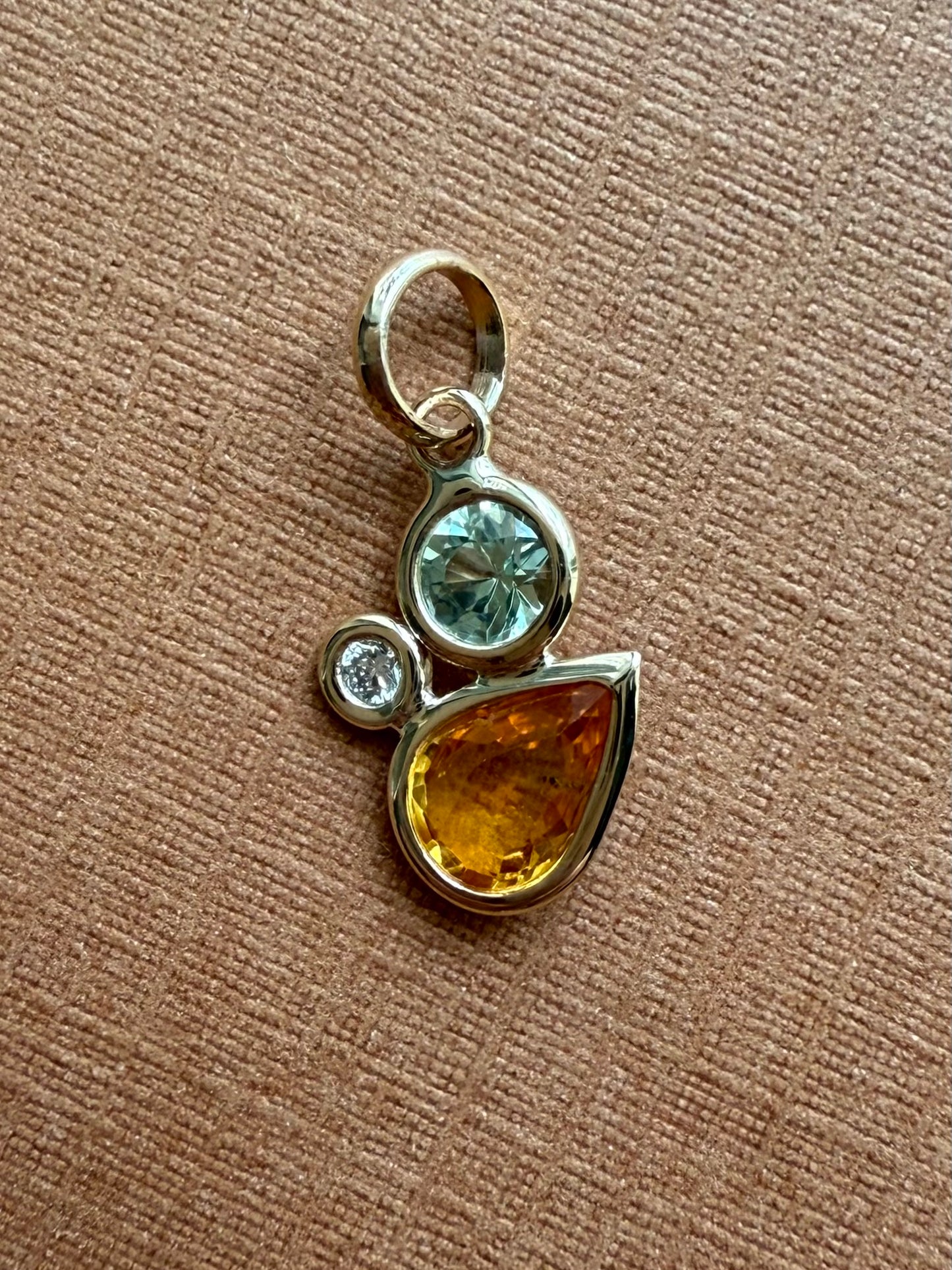 14K Solid Yellow Gold, Diamond, Multi Color Sapphires Cluster Pendant, Tiny Size