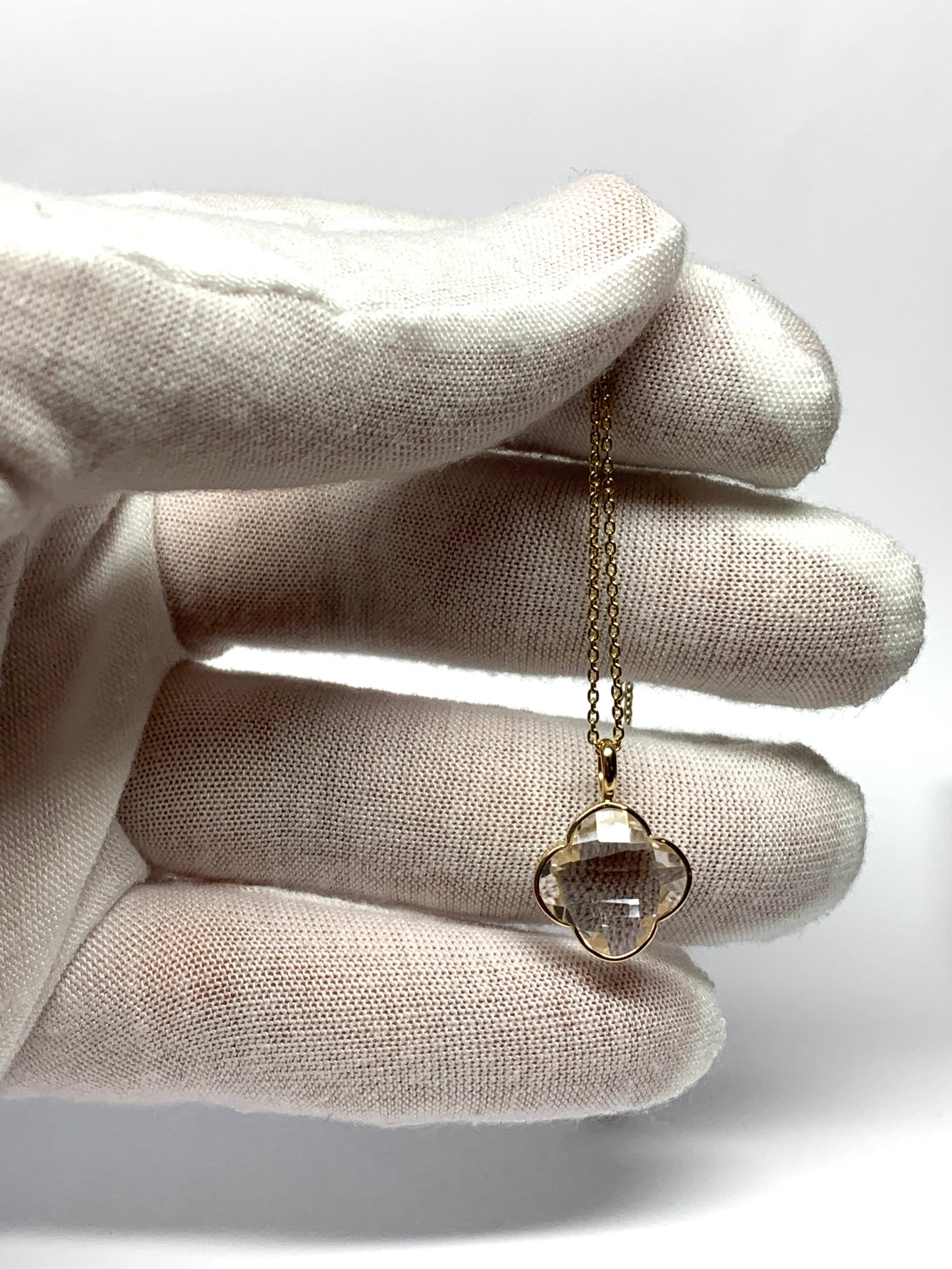 14k Solid Yellow Gold, Clear Quartz Pendant “Clover”
