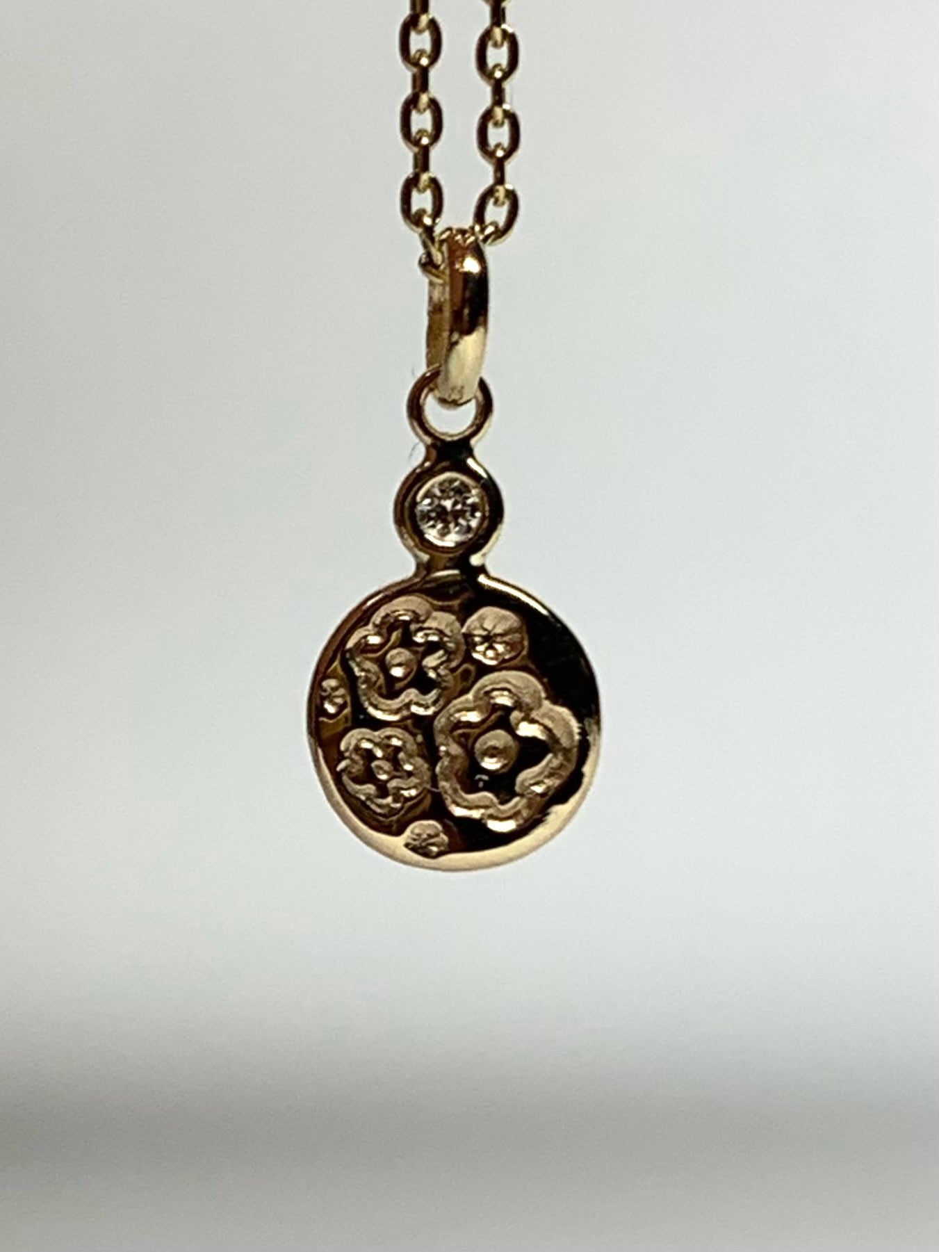 14K Solid Yellow Gold Nugget “Flowers” Mini Pendant, White Diamond, Tiny Charm