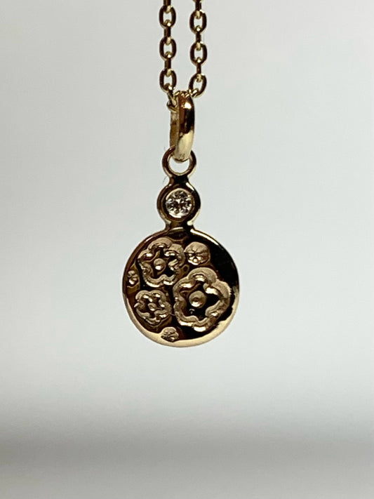 14K Solid Yellow Gold Nugget “Flowers” Mini Pendant, White Diamond, Tiny Charm