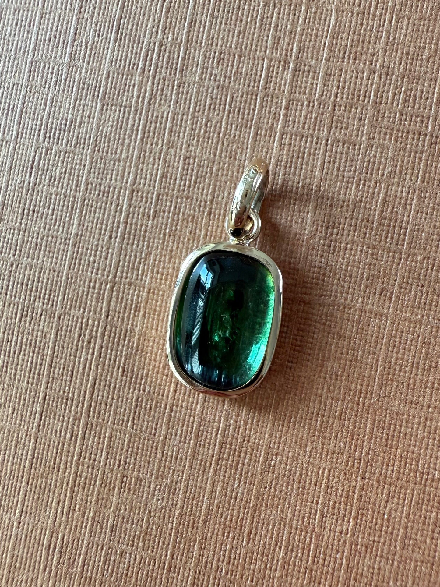 14k Solid Yellow Gold, Natural Green Tourmaline Cabochon Tiny Pendant