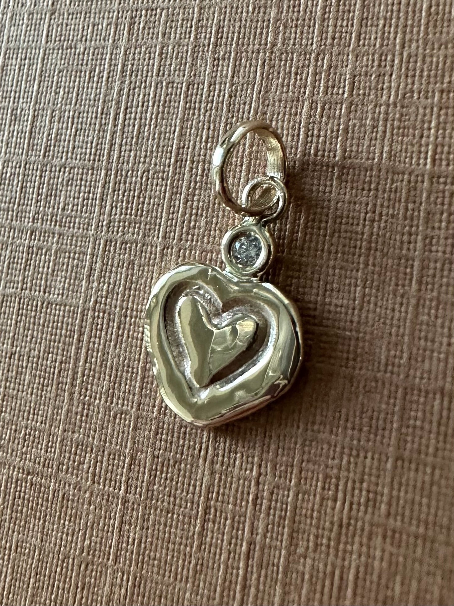 14K Solid Yellow Gold Nugget “Heart” Mini Pendant, With Diamond, Tiny Charm