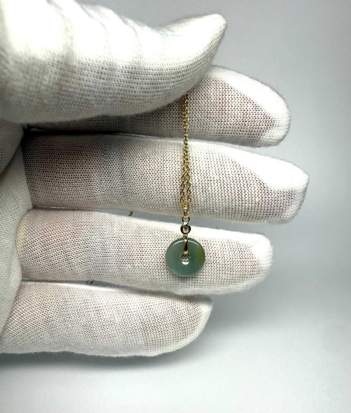 14k Solid Yellow Gold, White Diamond, Pale Green Jade “Donut” Pendant, Tiny Size