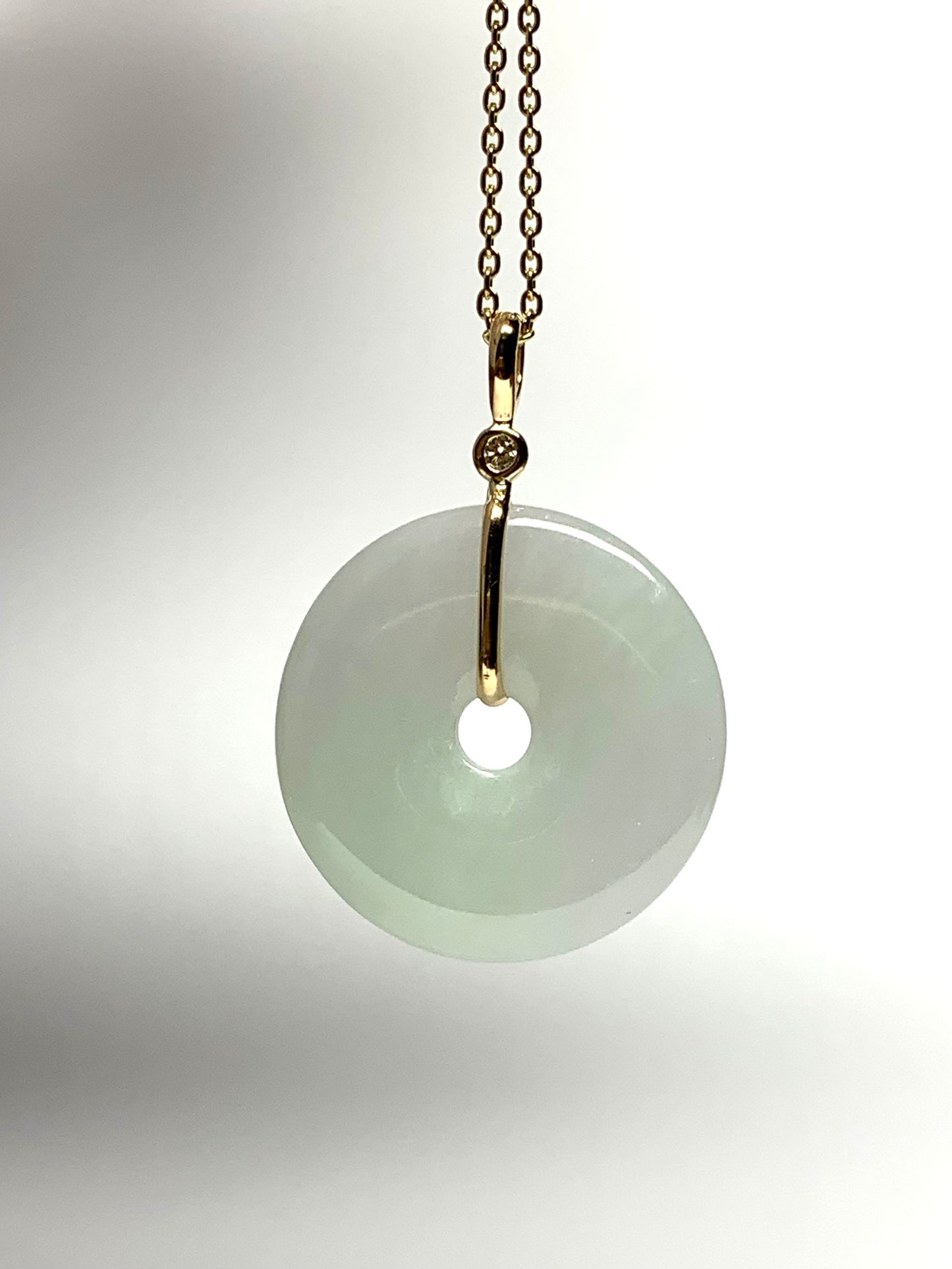 14k Solid Yellow Gold, Very Pale Green Jade “Donut”, White Diamond Pendant