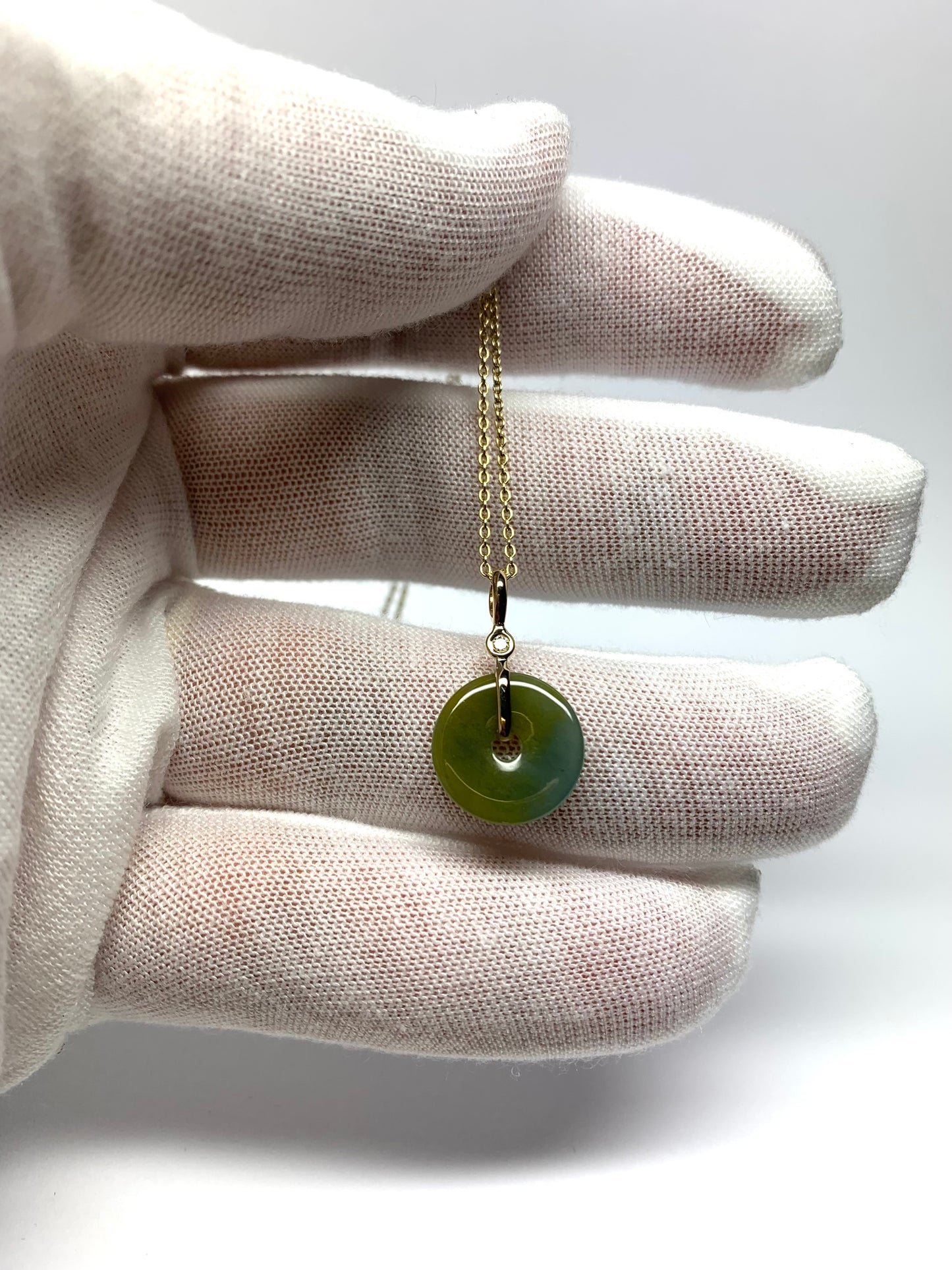 14k Solid Yellow Gold, White Diamond, Green Jade “Donut” Pendant, Small Size