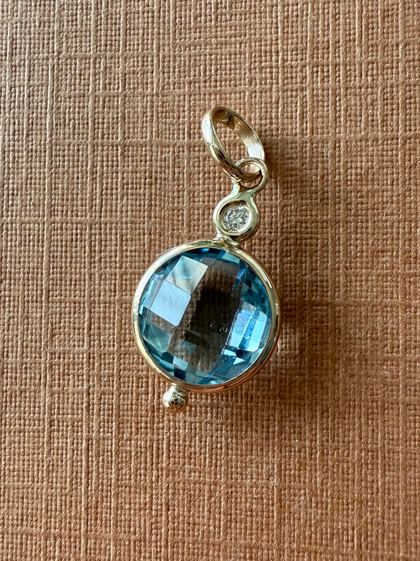 14K Solid Yellow Gold, Diamond, Blue Topaz Mini Pendant