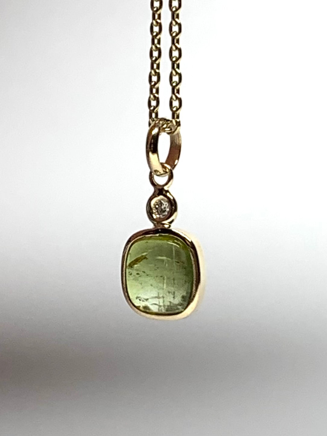 14k Solid Yellow Gold, Natural White Diamond, Natural Dark Green Tourmaline Tiny Pendant