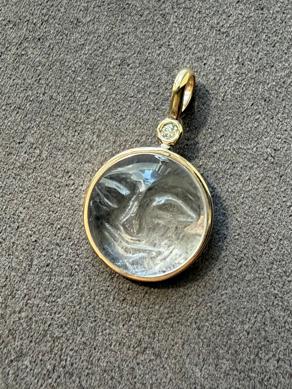 14k Solid Yellow Gold, Clear Quartz, White Diamond “Moon and Star” Pendant, Carved Face, Small Size