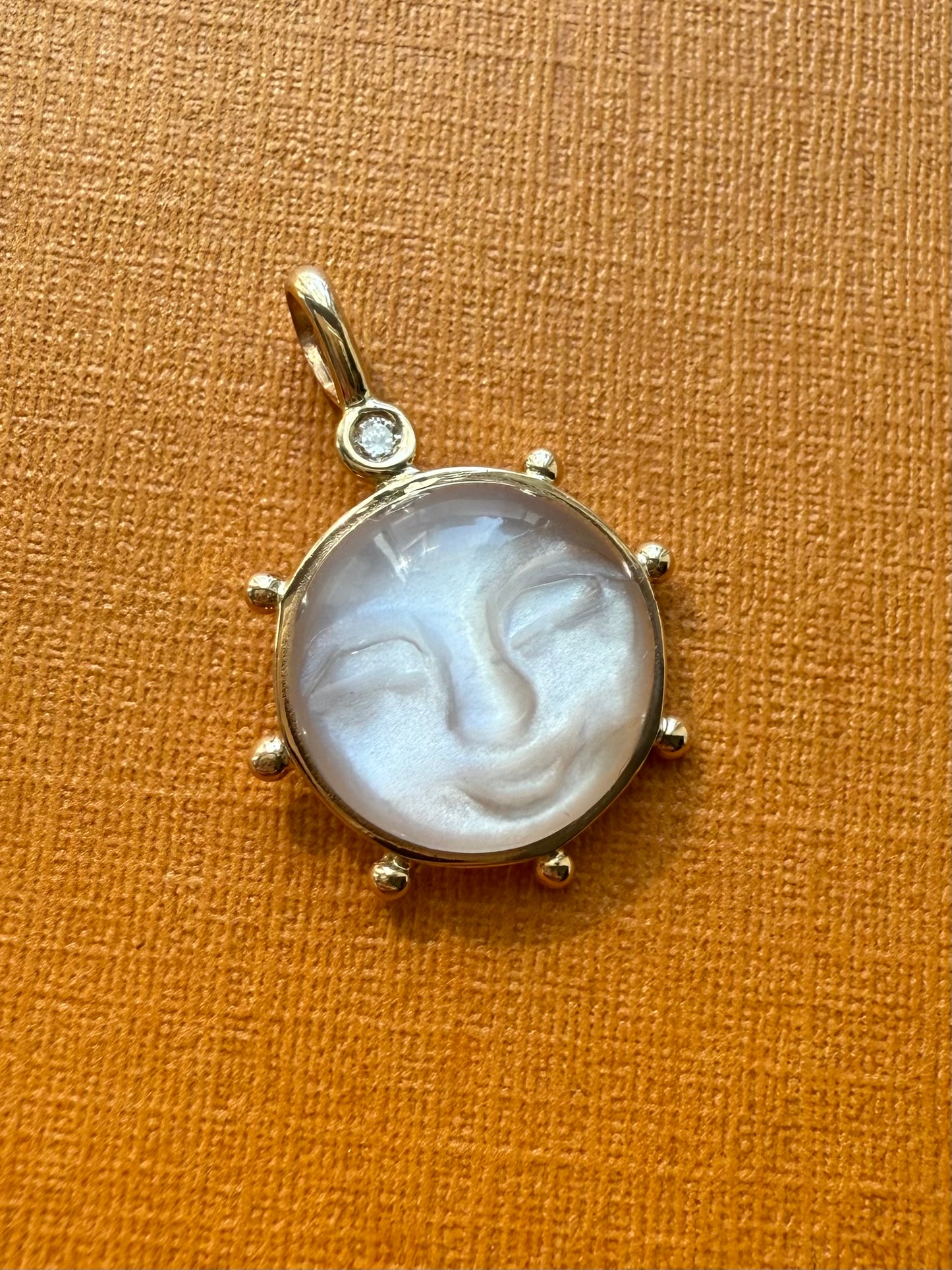 14k Solid Yellow Gold, White Moonstone, White Diamond “Sun” Pendant, Small Size