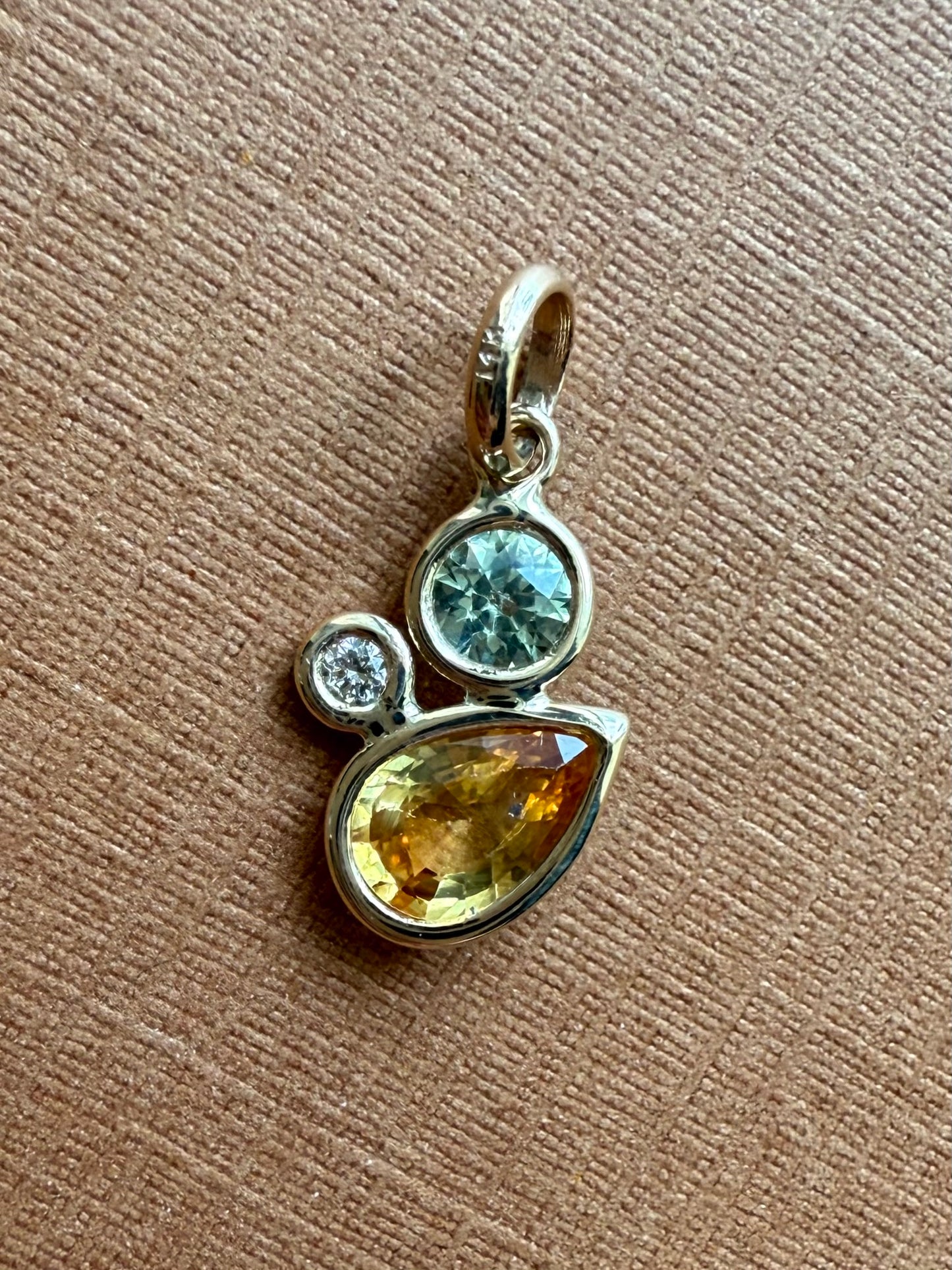 14K Solid Yellow Gold, Diamond, Multi Color Sapphires Cluster Pendant, Tiny Size