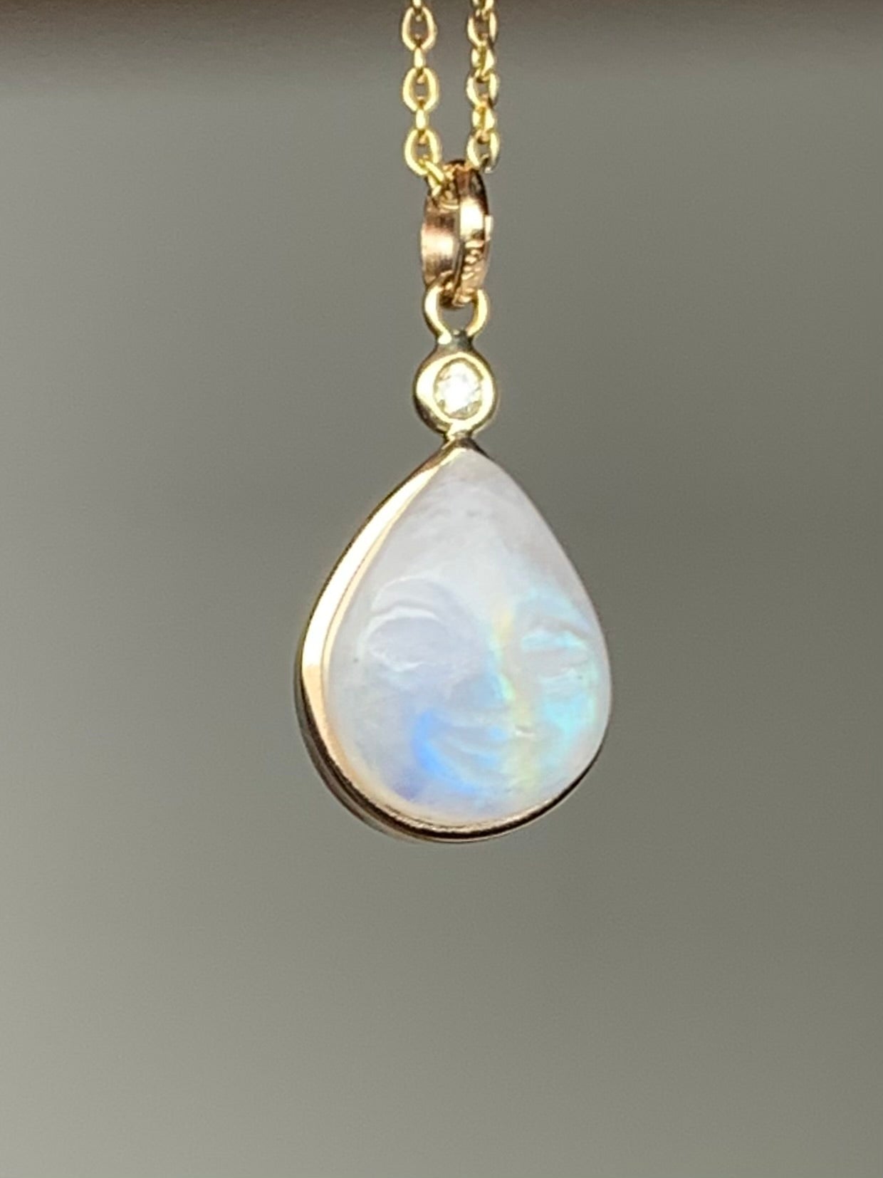 14k Solid Yellow Gold, White Diamond, Rainbow Moonstone “Rainbow Moon” Pendant, Mini Size