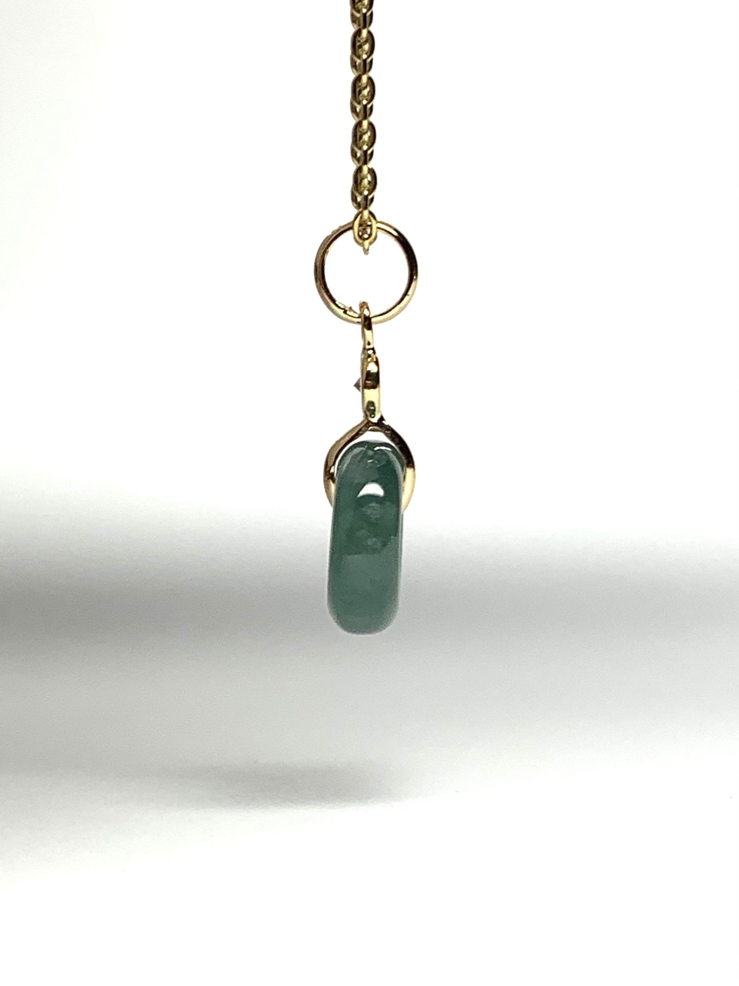 14k Solid Yellow Gold, White Diamond, Pale Green Jade “Donut” Pendant, Tiny Size