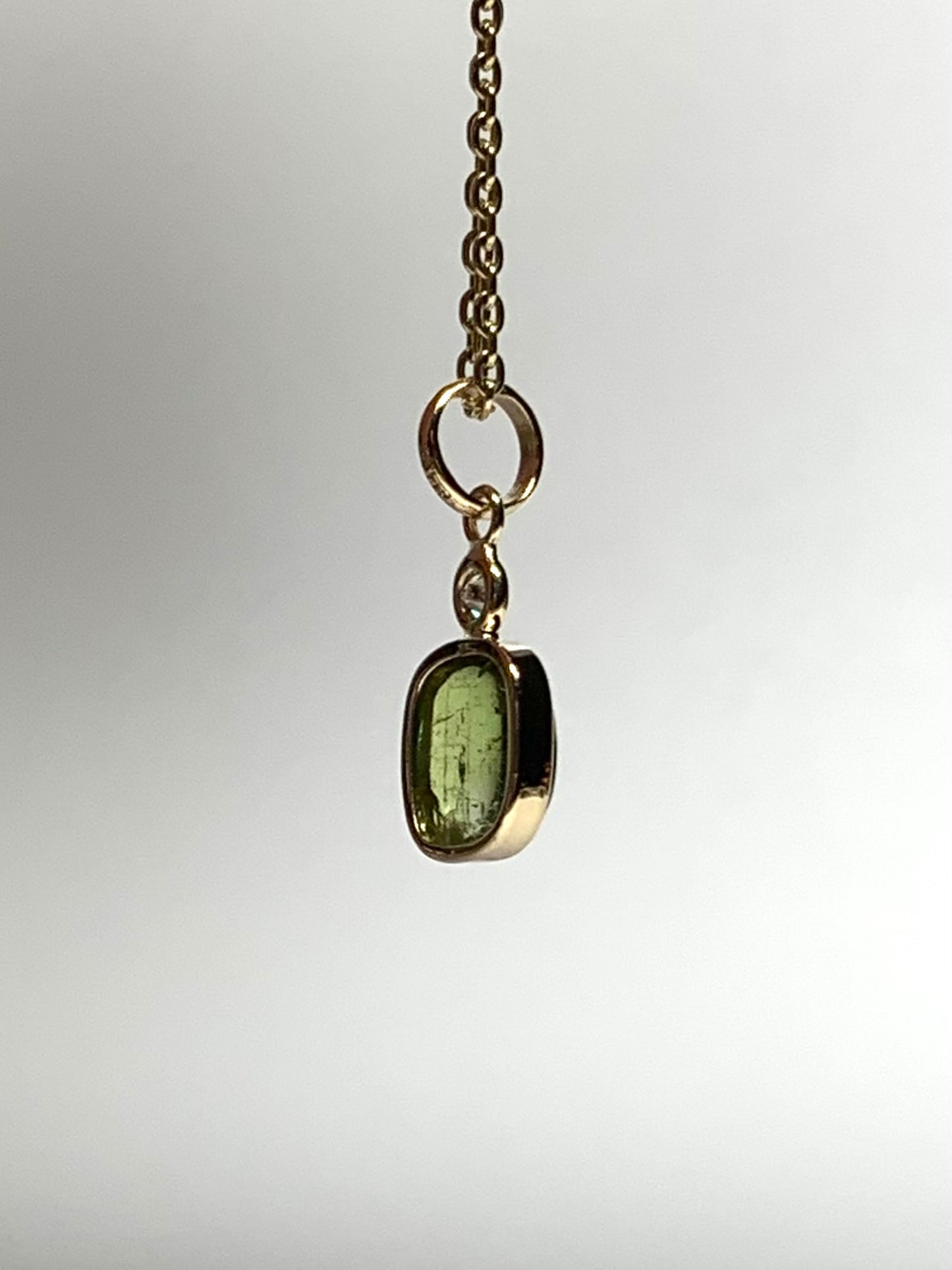 14k Solid Yellow Gold, Natural White Diamond, Natural Dark Green Tourmaline Tiny Pendant