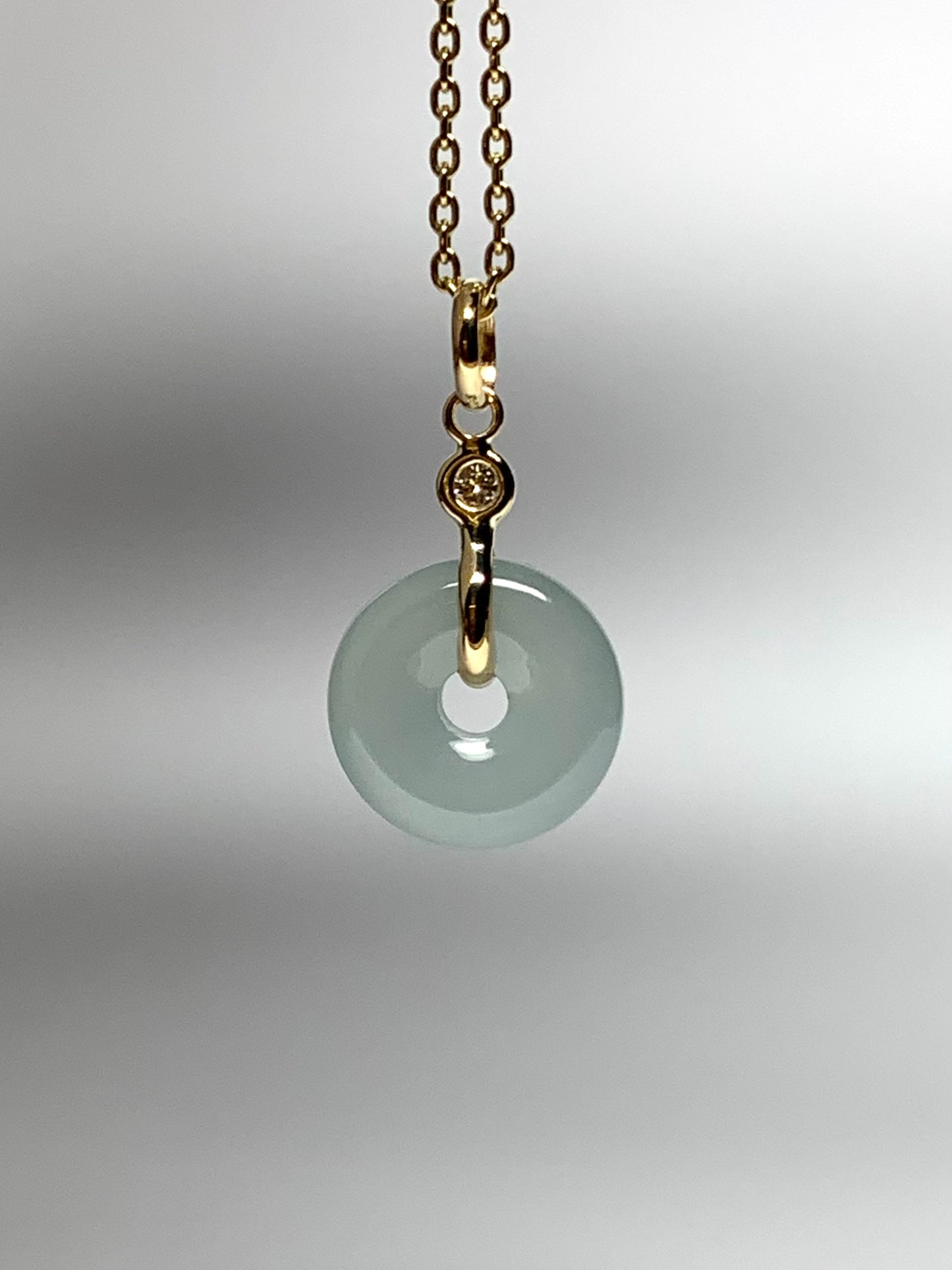 14k Solid Yellow Gold, White Diamond, Pale Green Jade “Donut” Pendant, Tiny Size