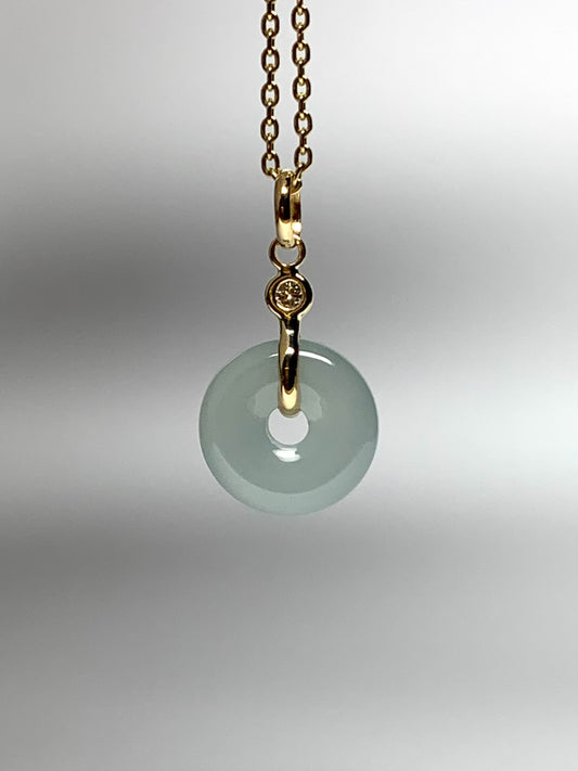 14k Solid Yellow Gold, White Diamond, Pale Green Jade “Donut” Pendant, Tiny Size