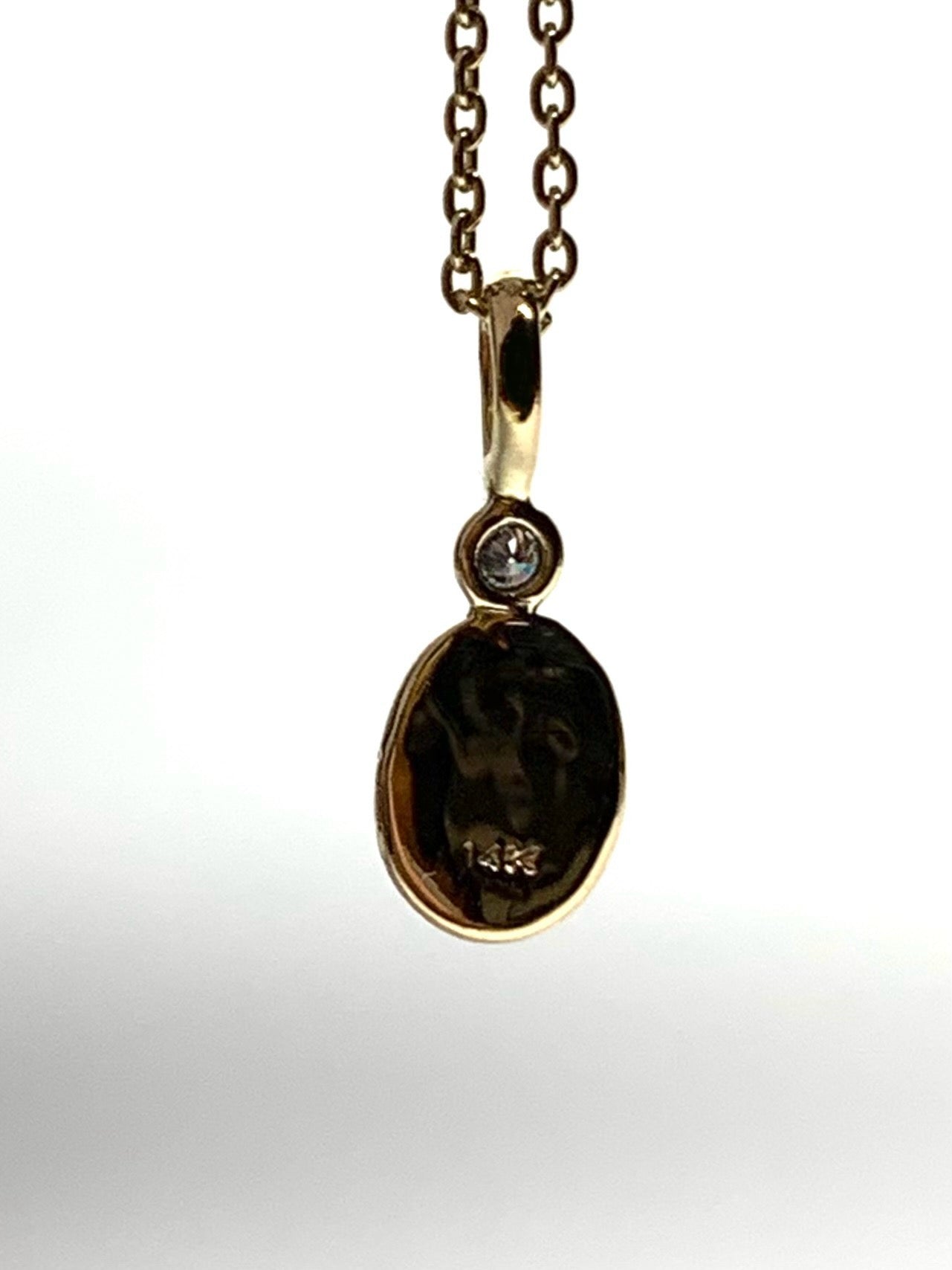 14K Solid Yellow Gold Nugget “Ginkgo” Mini Pendant, White Diamond, Tiny Charm