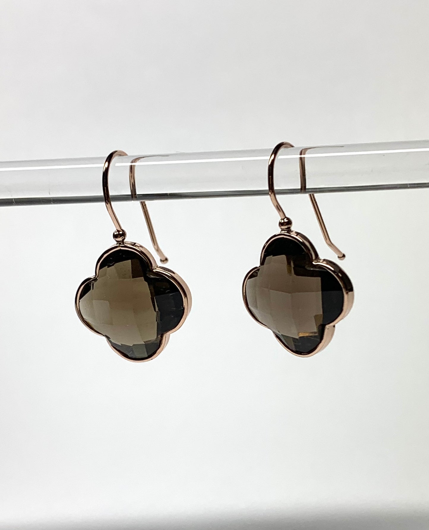 14k Solid Rose Gold Smoky Quartz “Clover” Earrings, Checkerboard Cut, Fish Hook Ear Wires