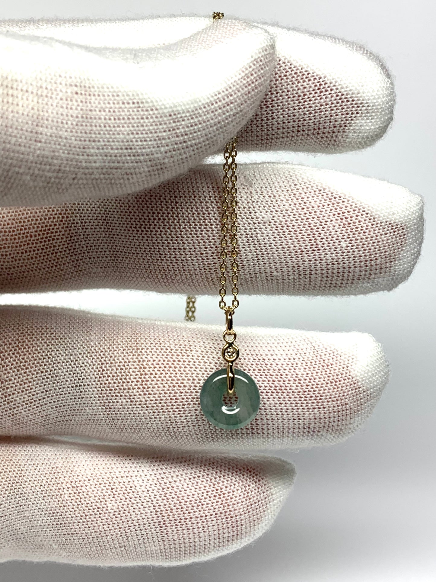 14k Solid Yellow Gold, White Diamond, Pale Green Jade “Donut” Pendant, Tiny Size