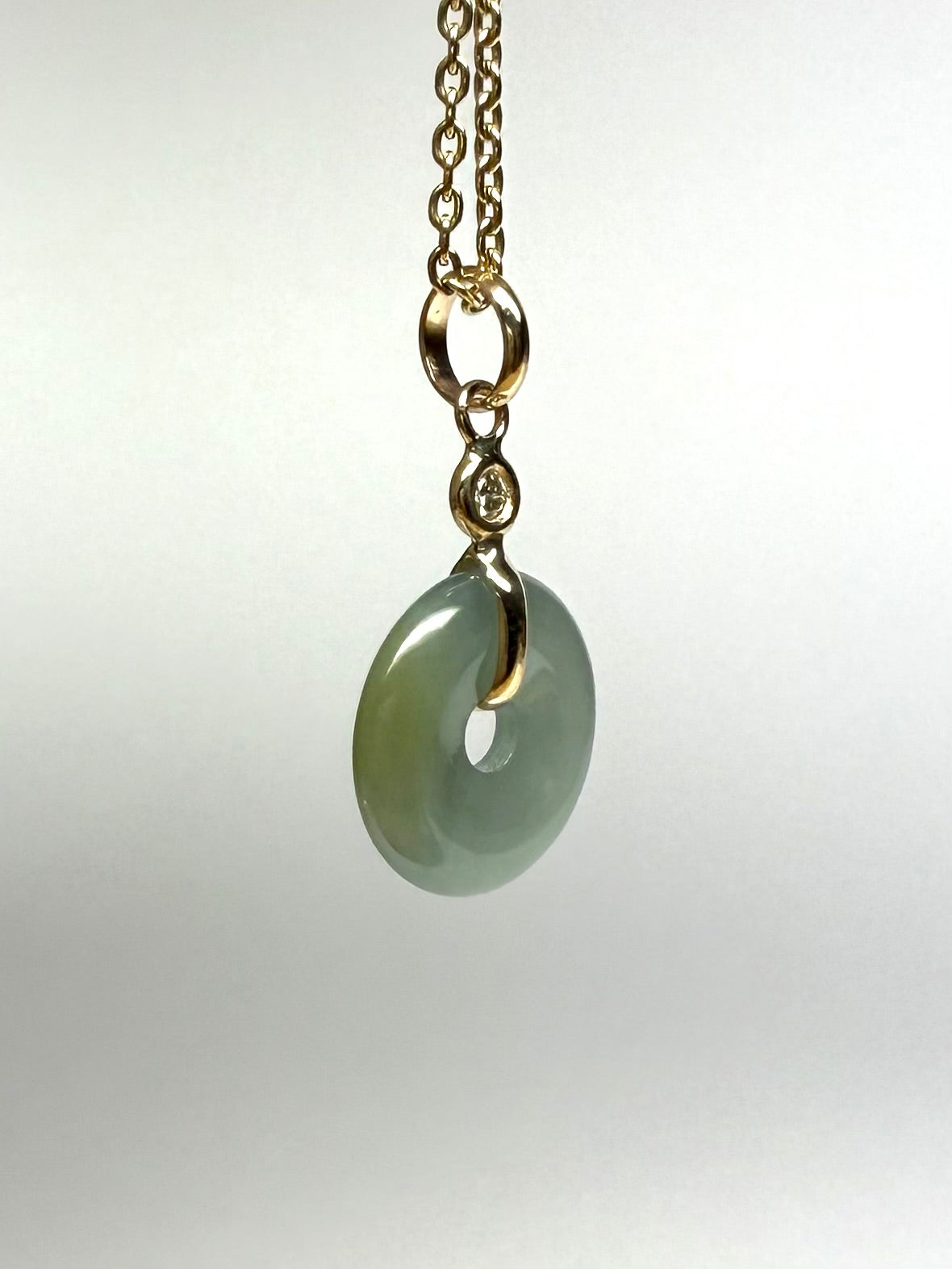 14k Solid Yellow Gold, White Diamond, Pale Green Jade “Donut” Pendant, Tiny Size