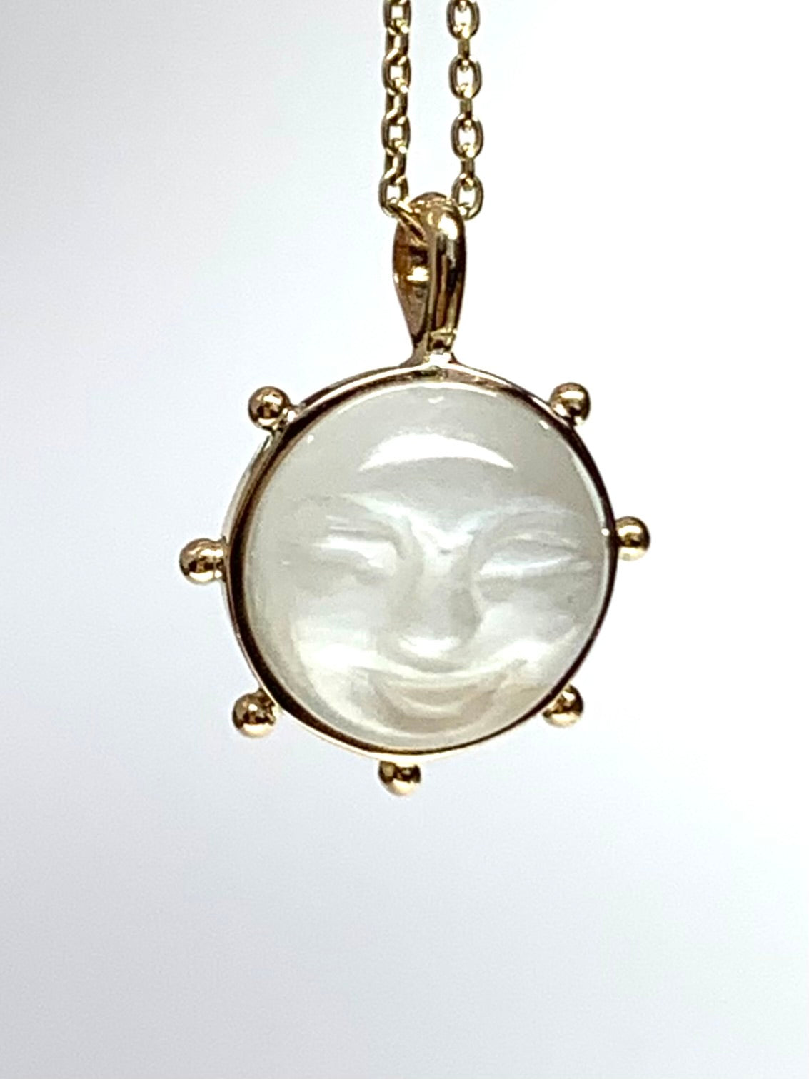 14k Solid Yellow Gold, White Moonstone “Sun” Pendant, Small Size